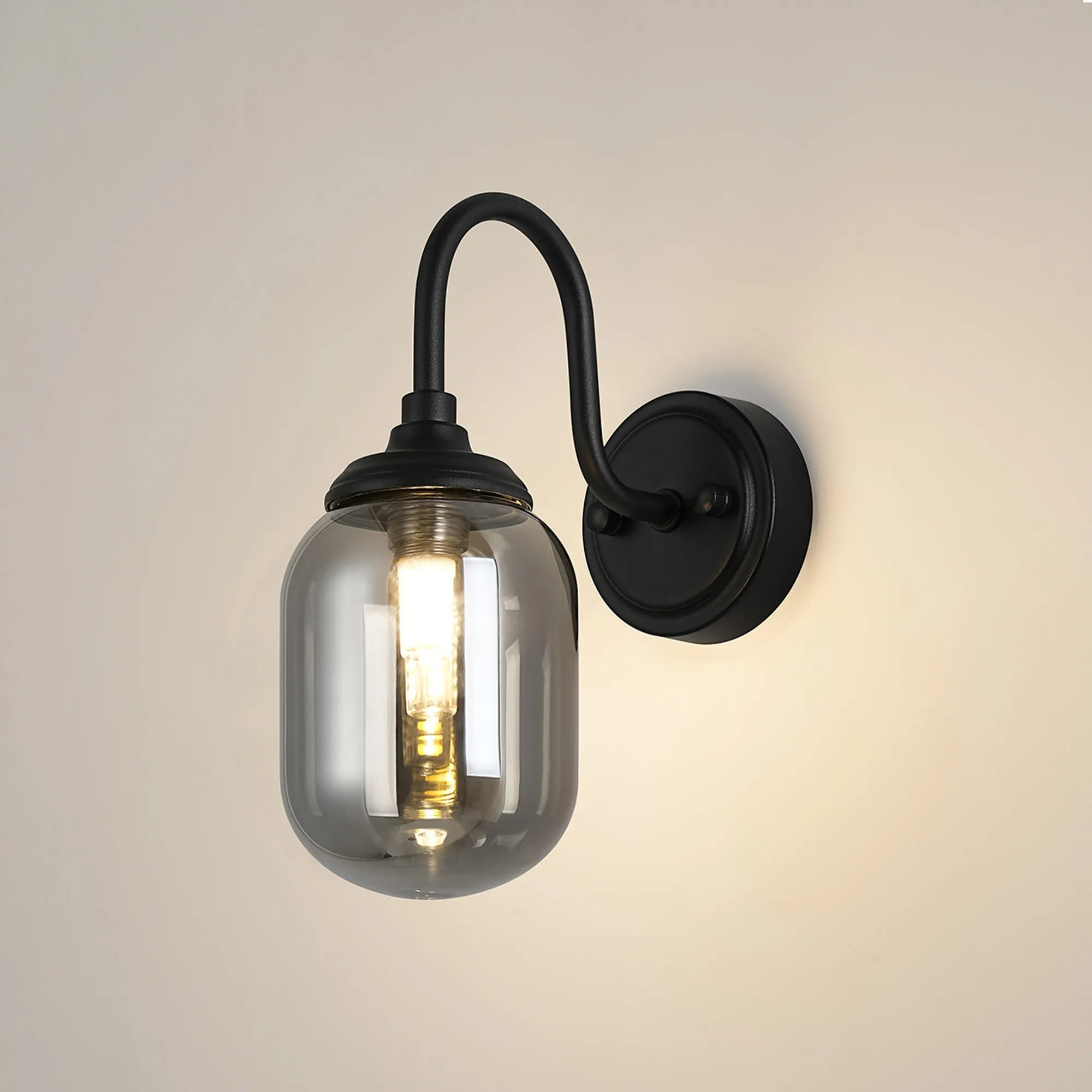Dene Curved Arm Wall Light - 1 Light - IP44 Satin Black & Smoke Smooth Tubular Glass