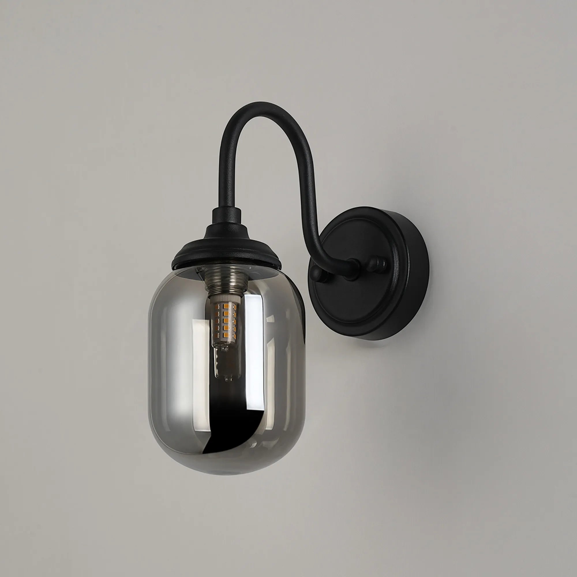 Dene Curved Arm Wall Light - 1 Light - IP44 Satin Black & Smoke Smooth Tubular Glass
