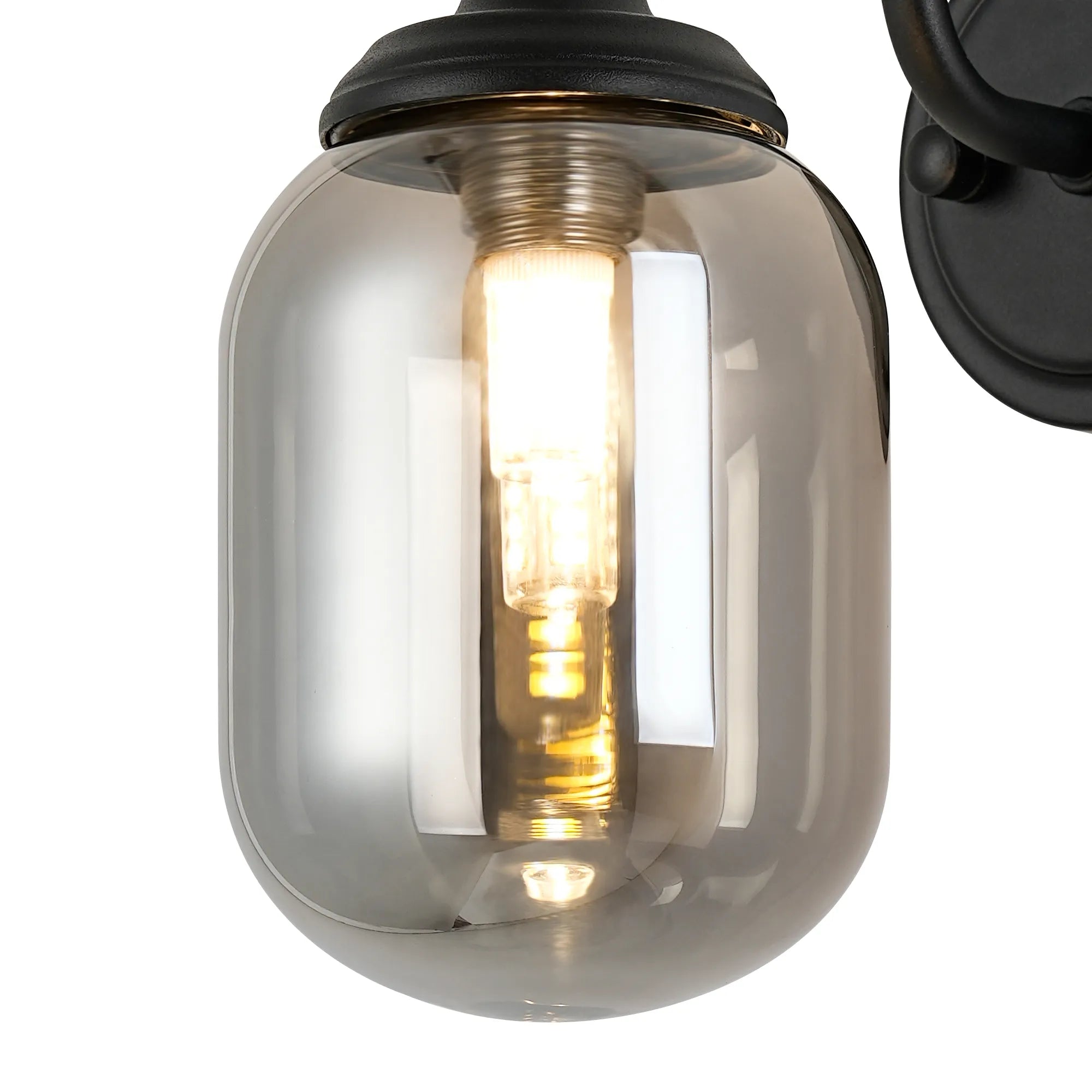 Dene Curved Arm Wall Light - 1 Light - IP44 Satin Black & Smoke Smooth Tubular Glass