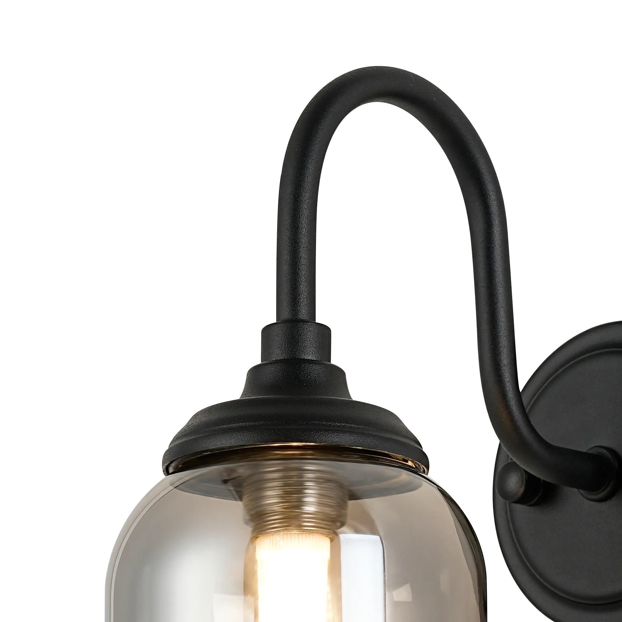 Dene Curved Arm Wall Light - 1 Light - IP44 Satin Black & Smoke Smooth Tubular Glass