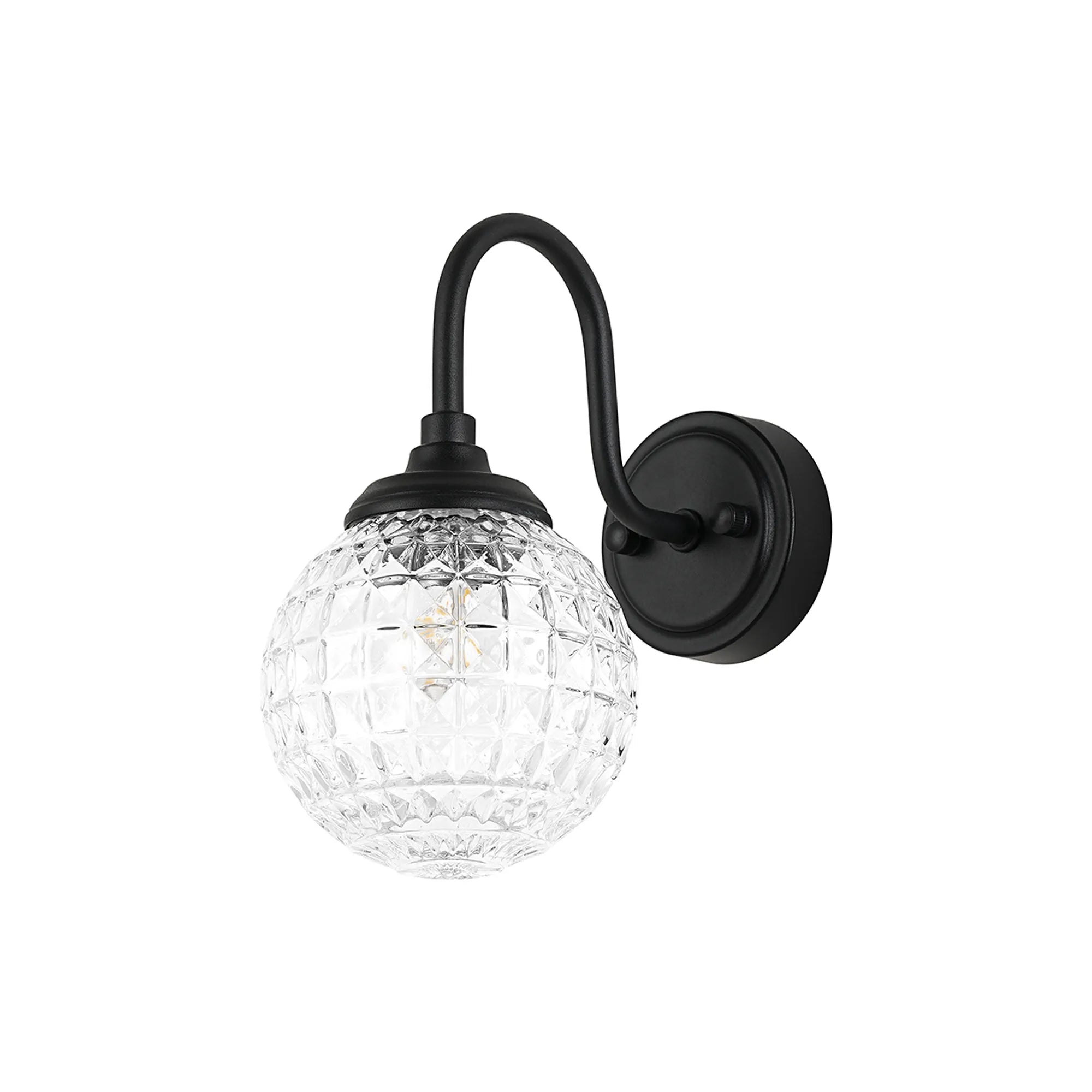 Dene Curved Arm Wall Light - 1 Light - IP44 Satin Black & Clear Cross Pattern Round Glass