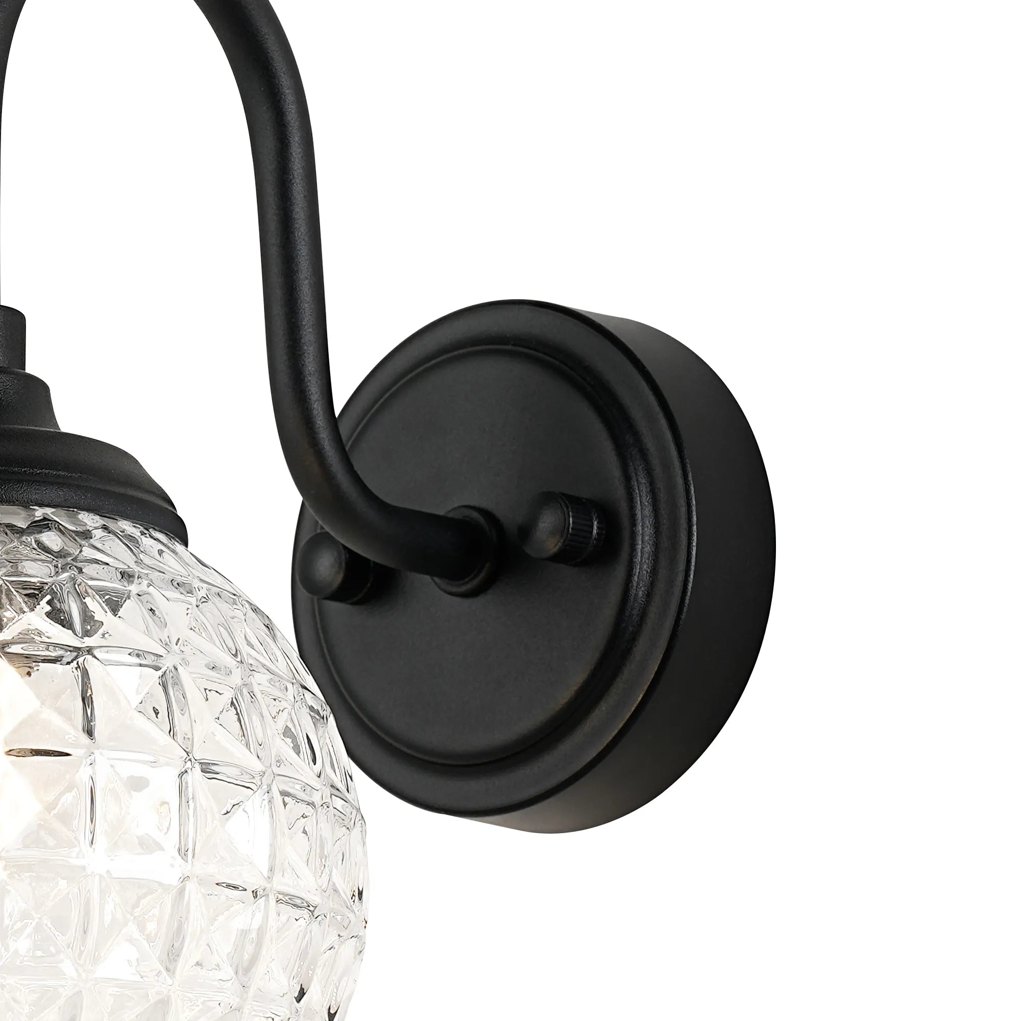 Dene Curved Arm Wall Light - 1 Light - IP44 Satin Black & Clear Cross Pattern Round Glass