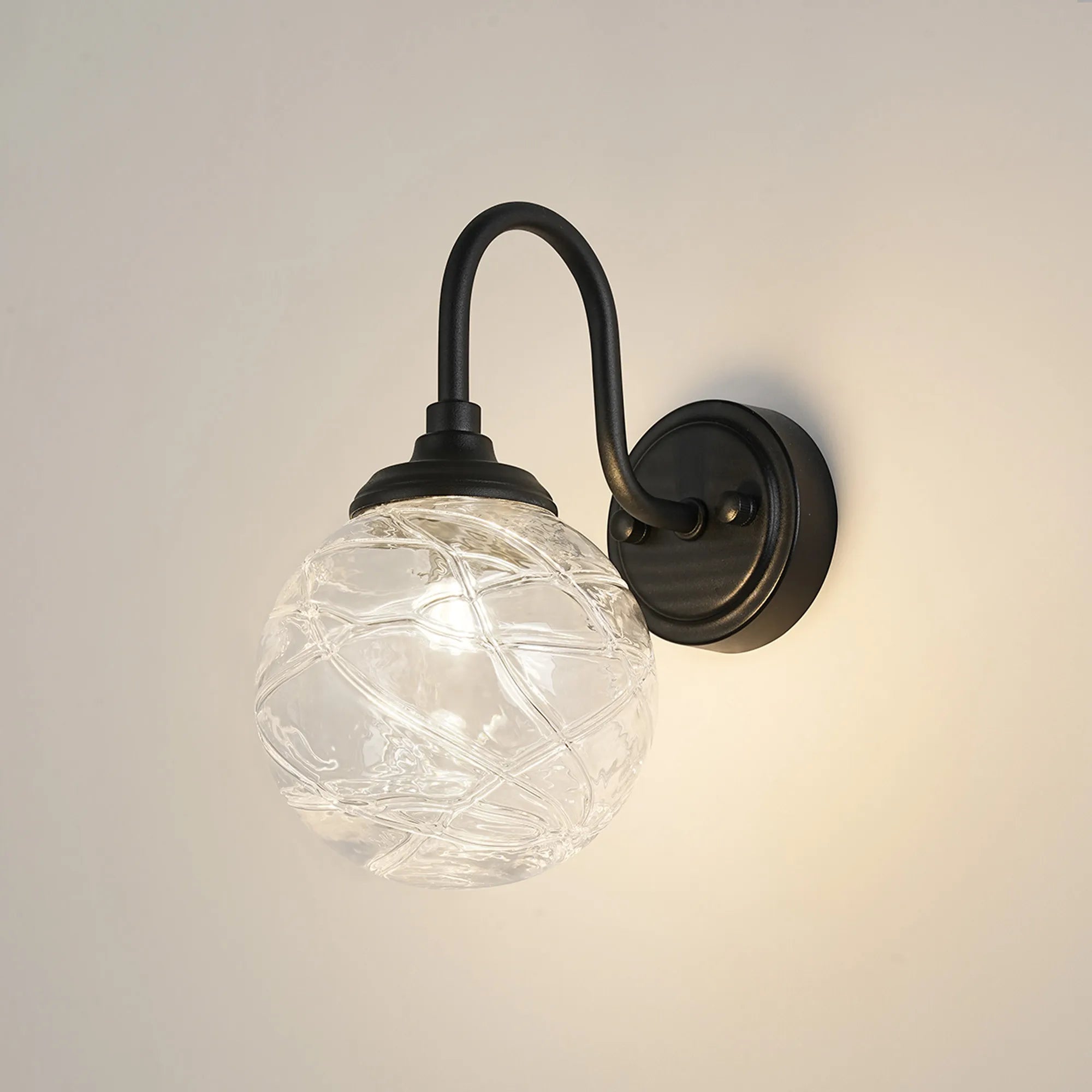 Dene Curved Arm Wall Light - 1 Light - IP44 Satin Black & Clear Dune Effect Round Glass