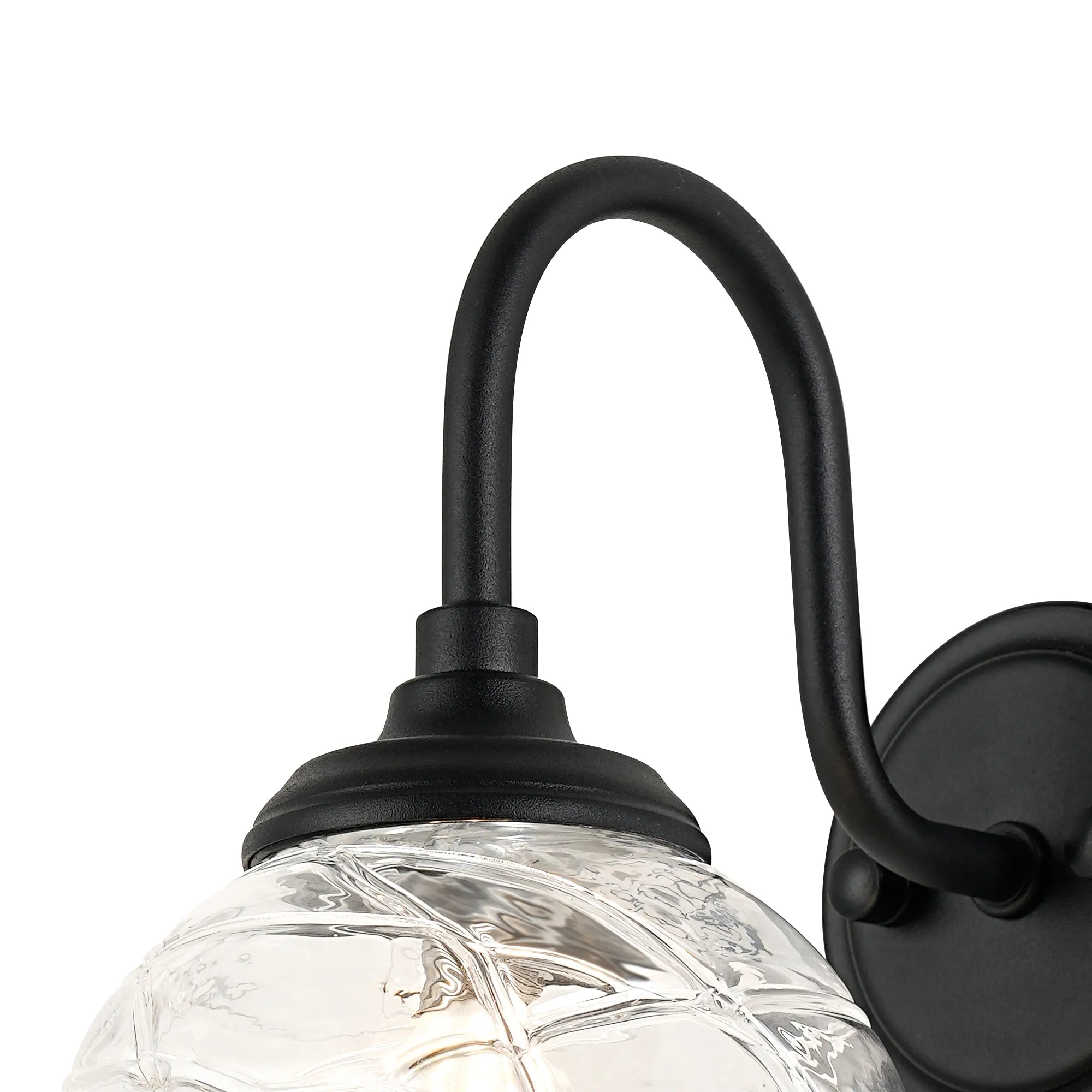 Dene Curved Arm Wall Light - 1 Light - IP44 Satin Black & Clear Dune Effect Round Glass