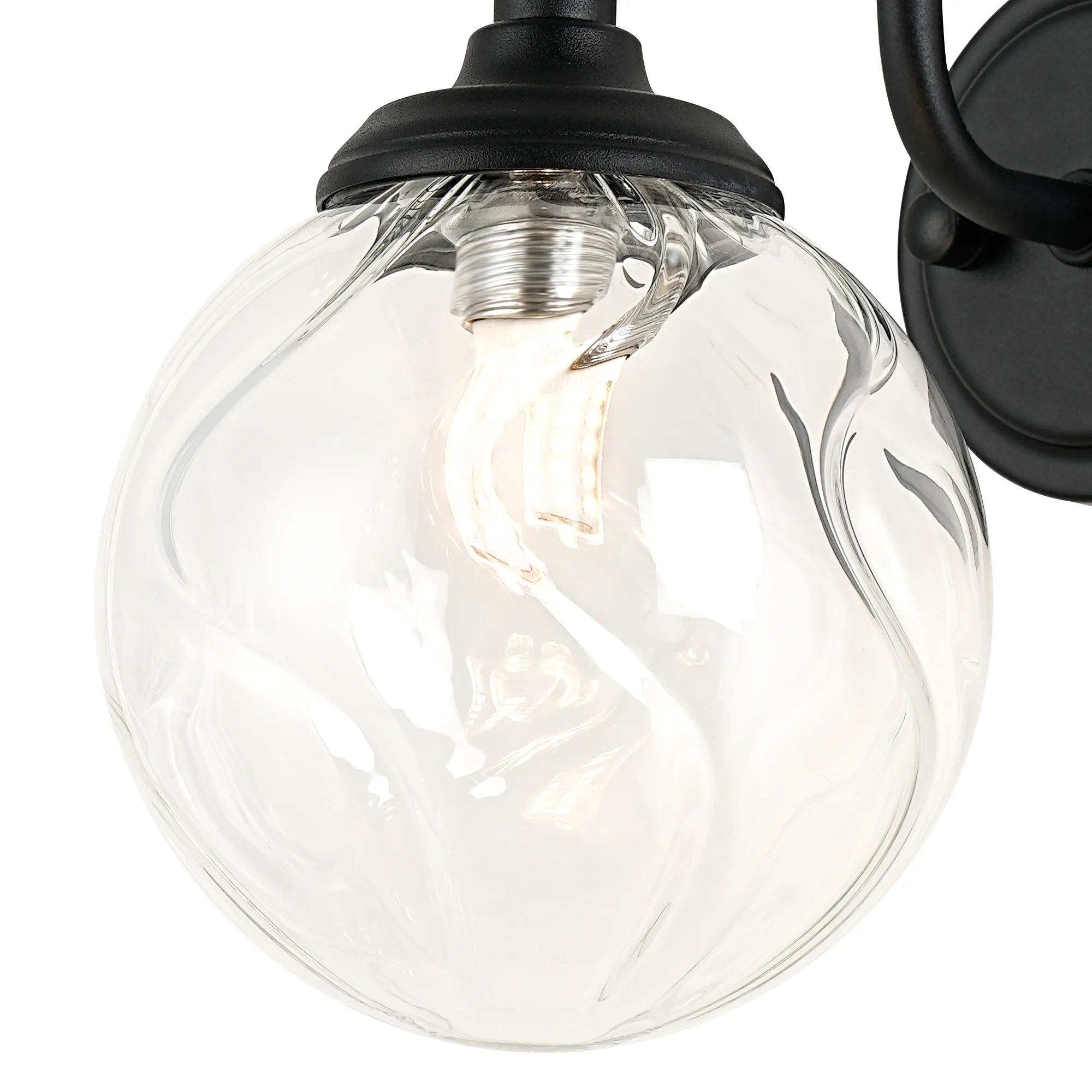 Dene Curved Arm Wall Light - 1 Light - IP44 Satin Black & Clear Waved Round Glass