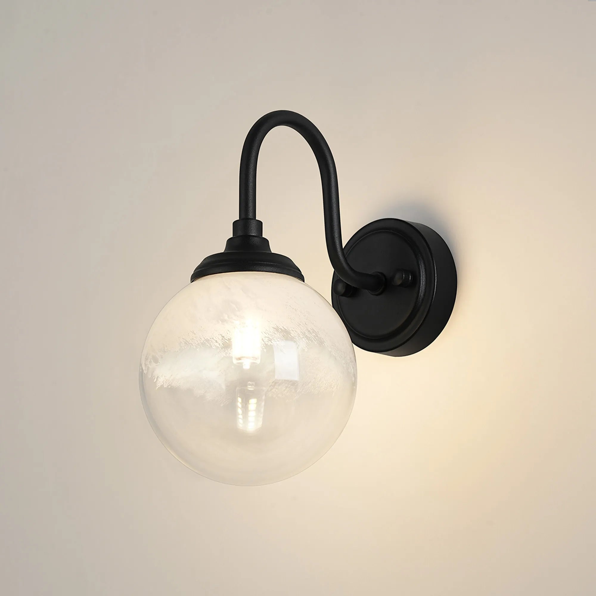 Dene Curved Arm Wall Light - 1 Light - IP44 Satin Black & White Two-Tone Snow Specks Round Glass