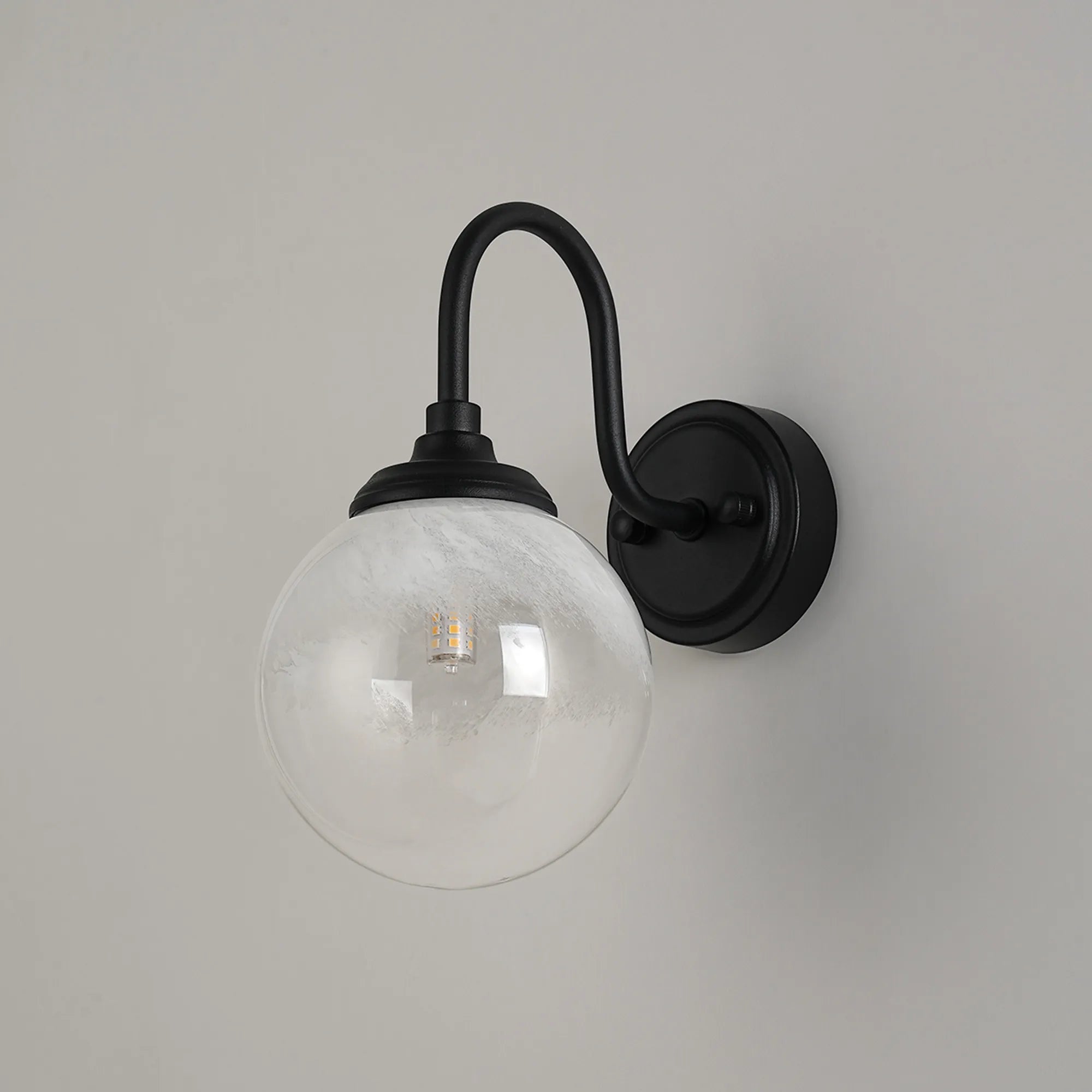 Dene Curved Arm Wall Light - 1 Light - IP44 Satin Black & White Two-Tone Snow Specks Round Glass