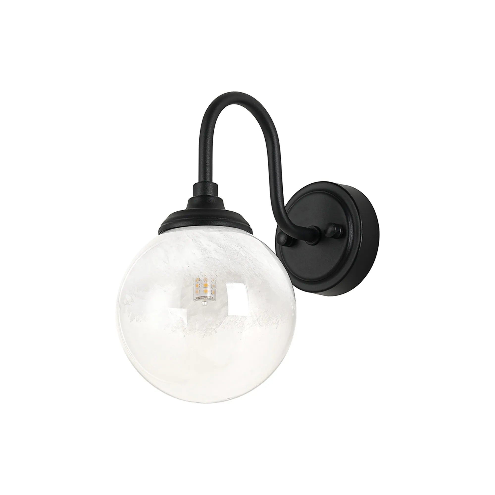 Dene Curved Arm Wall Light - 1 Light - IP44 Satin Black & White Two-Tone Snow Specks Round Glass