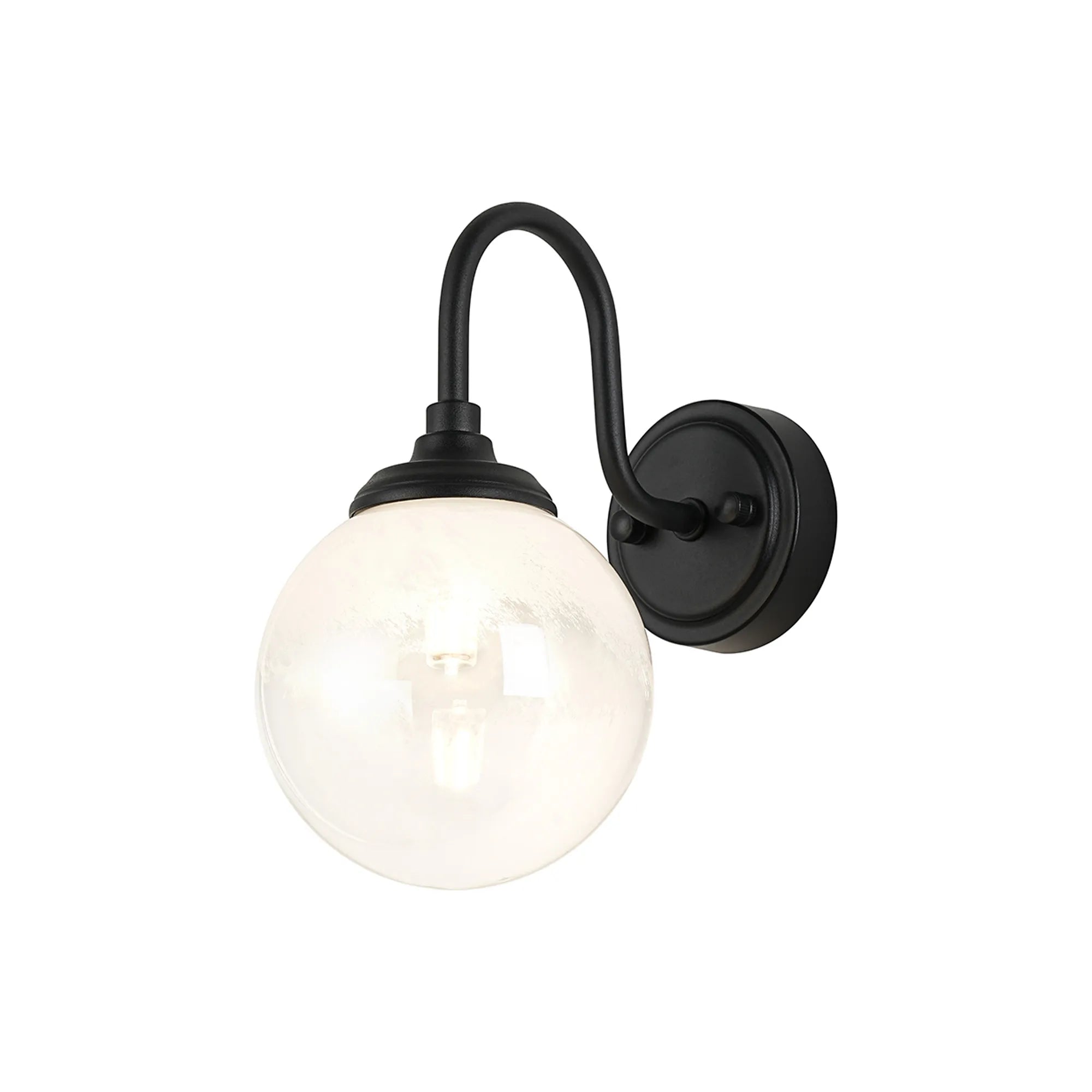 Dene Curved Arm Wall Light - 1 Light - IP44 Satin Black & White Two-Tone Snow Specks Round Glass