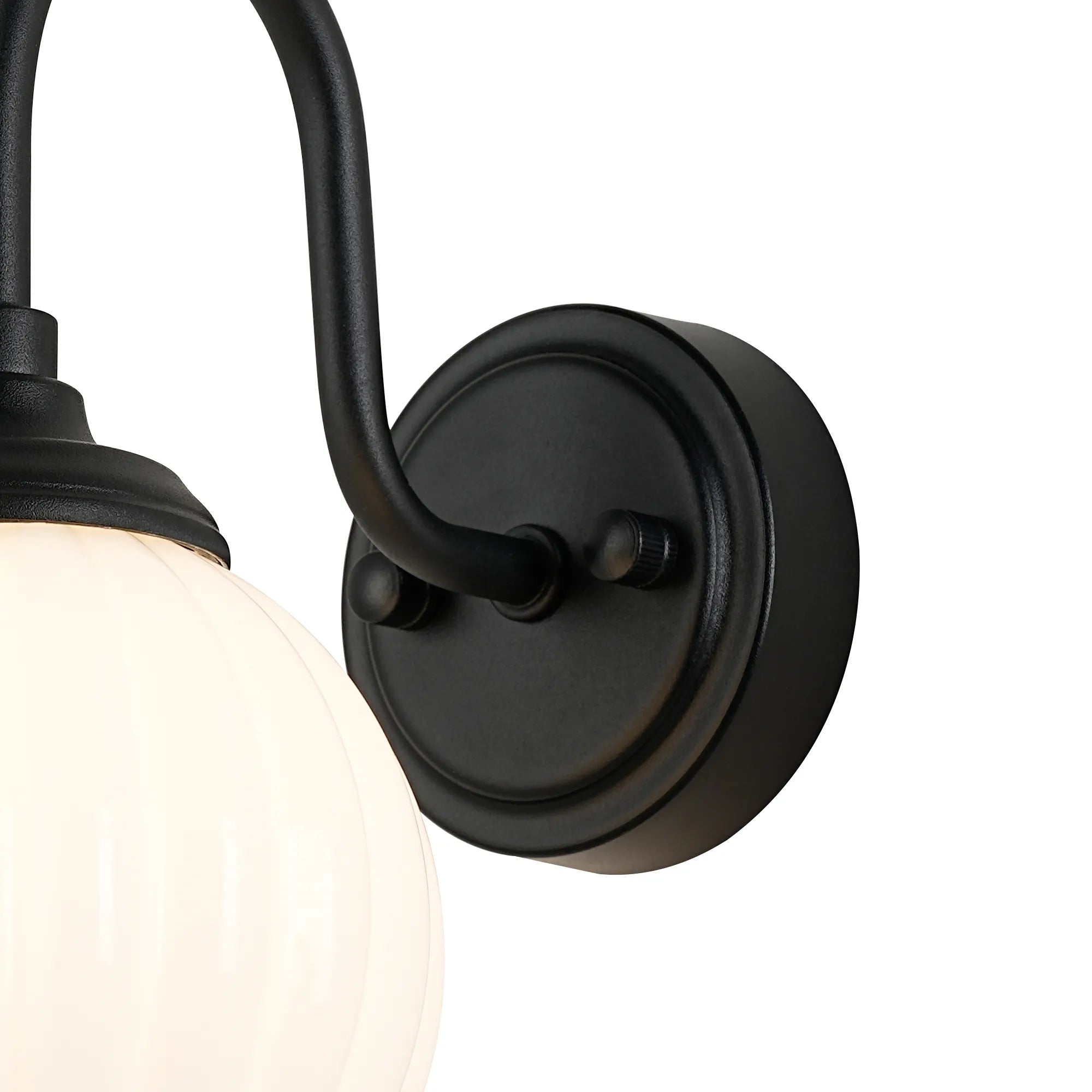 Dene Curved Arm Wall Light - 1 Light - IP44 Satin Black & Opal Round Segment Glass