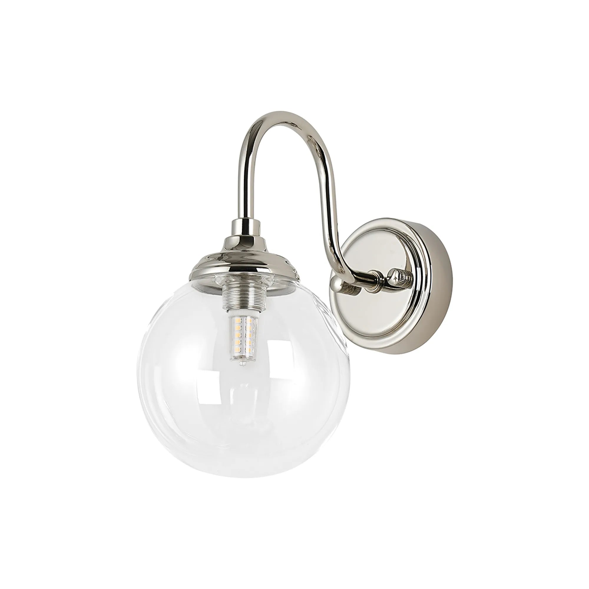 Dene Curved Arm Wall Light - 1 Light - IP44 Polished Nickel & Clear Smooth Round Glass