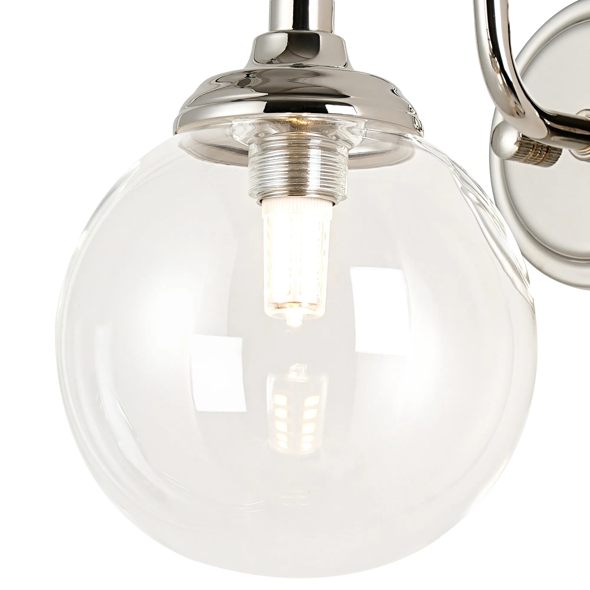 Dene Curved Arm Wall Light - 1 Light - IP44 Polished Nickel & Clear Smooth Round Glass