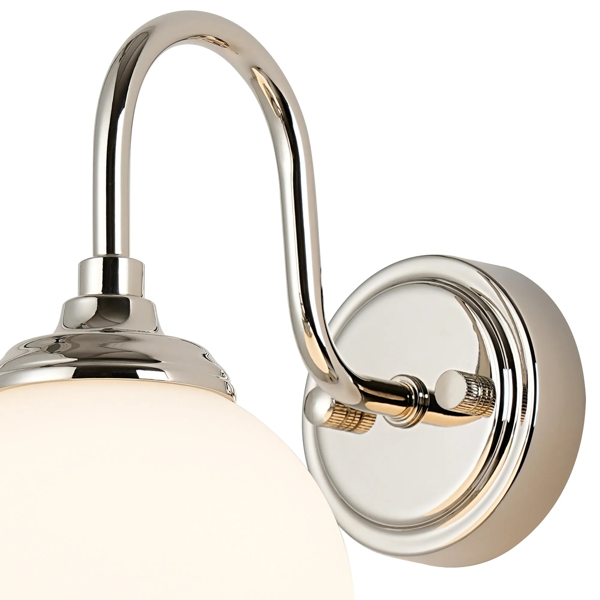 Dene Curved Arm Wall Light - 1 Light - IP44 Polished Nickel & Opal Smooth Round Glass
