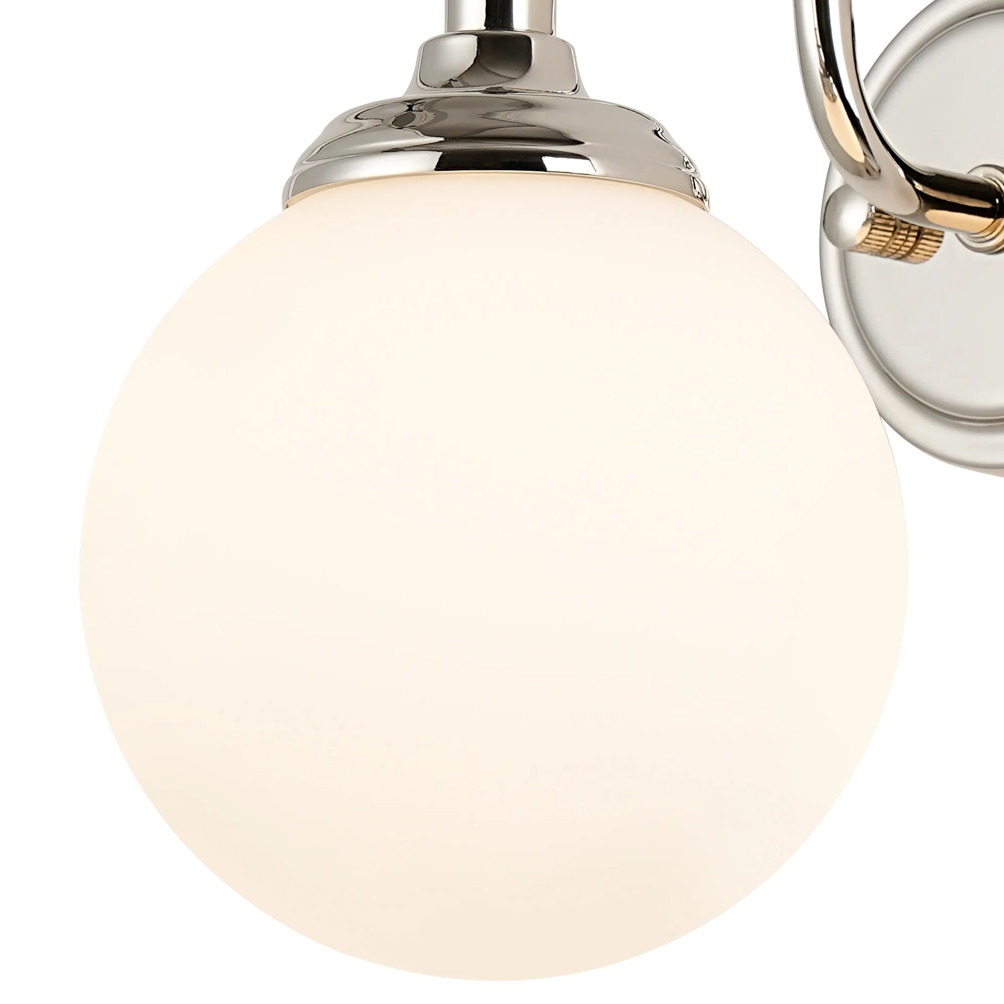 Dene Curved Arm Wall Light - 1 Light - IP44 Polished Nickel & Opal Smooth Round Glass