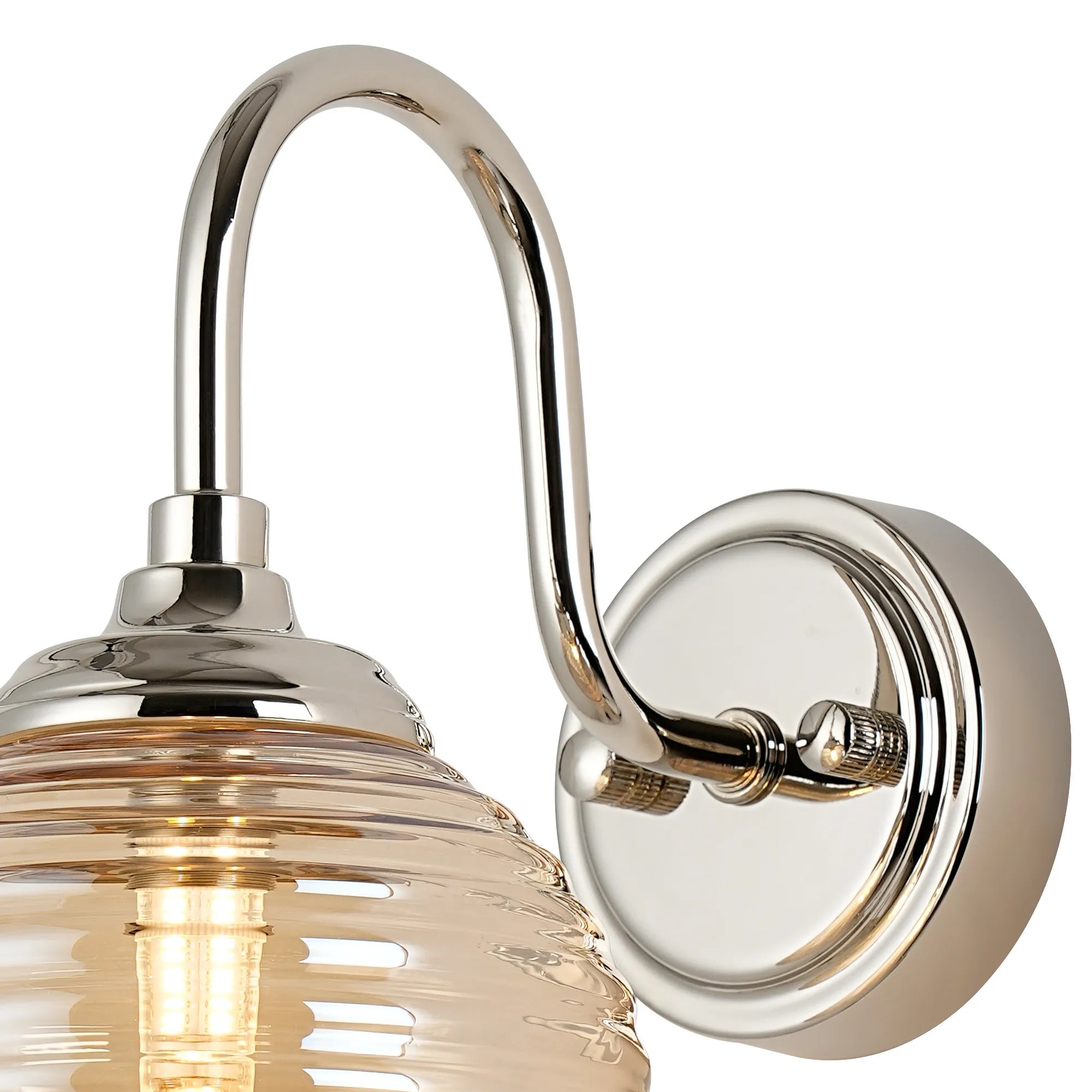Dene Curved Arm Wall Light - 1 Light - IP44 Polished Nickel & Amber Ribbed Round Glass