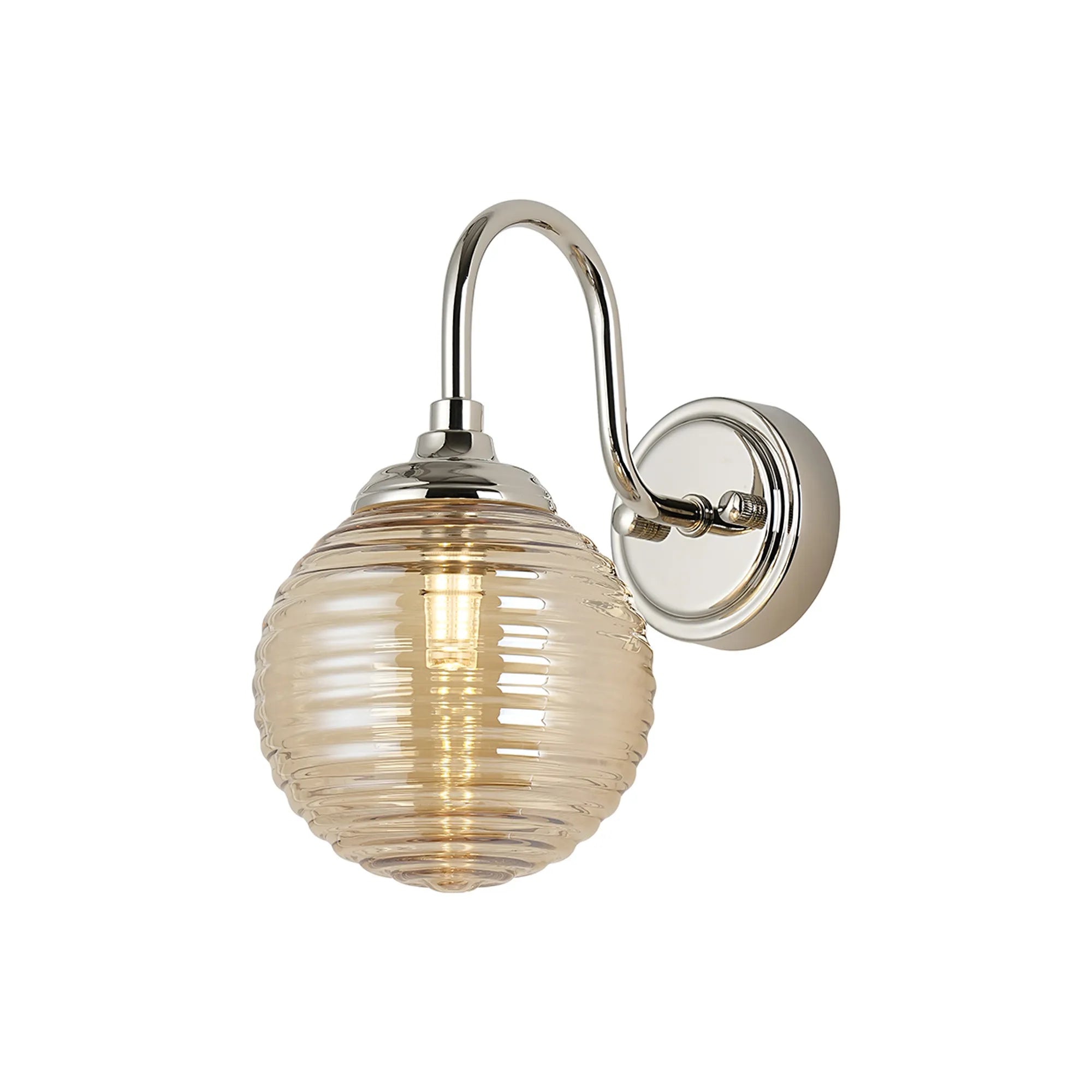 Dene Curved Arm Wall Light - 1 Light - IP44 Polished Nickel & Amber Ribbed Round Glass