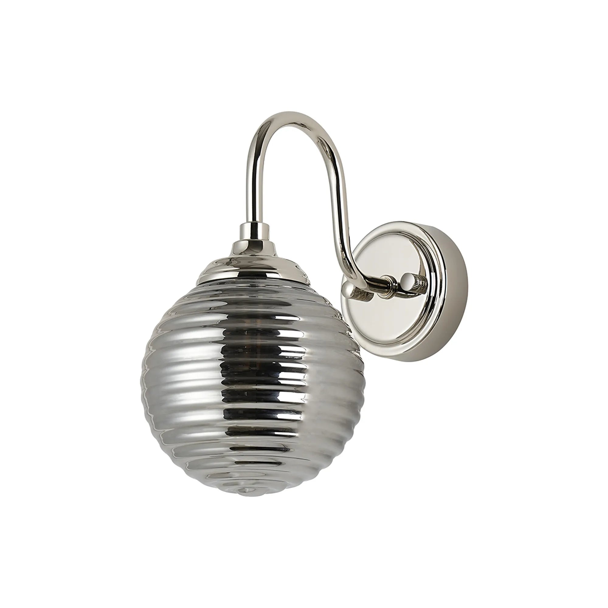 Dene Curved Arm Wall Light - 1 Light - IP44 Polished Nickel & Smoke Ribbed Round Glass