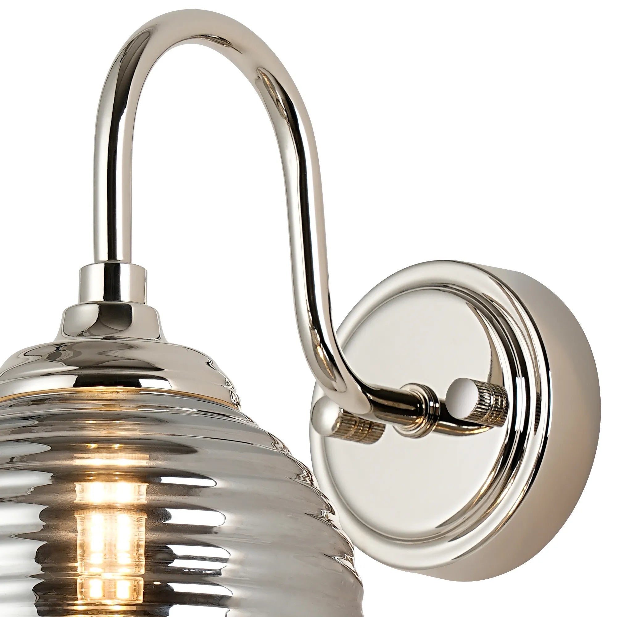 Dene Curved Arm Wall Light - 1 Light - IP44 Polished Nickel & Smoke Ribbed Round Glass