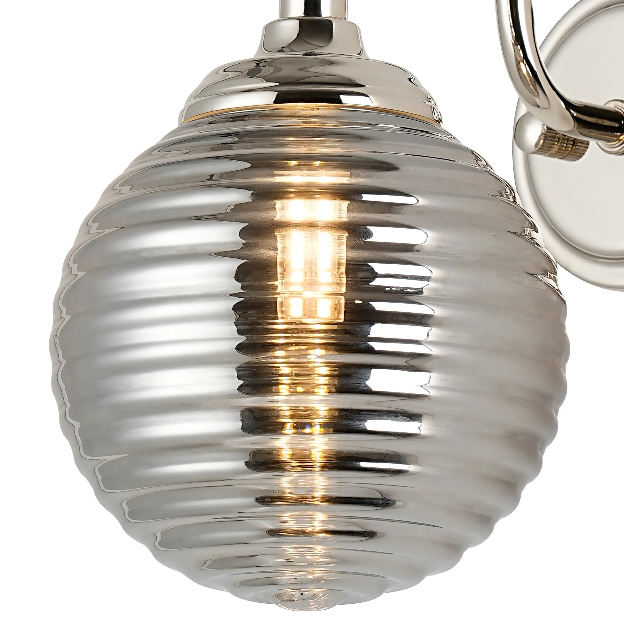Dene Curved Arm Wall Light - 1 Light - IP44 Polished Nickel & Smoke Ribbed Round Glass