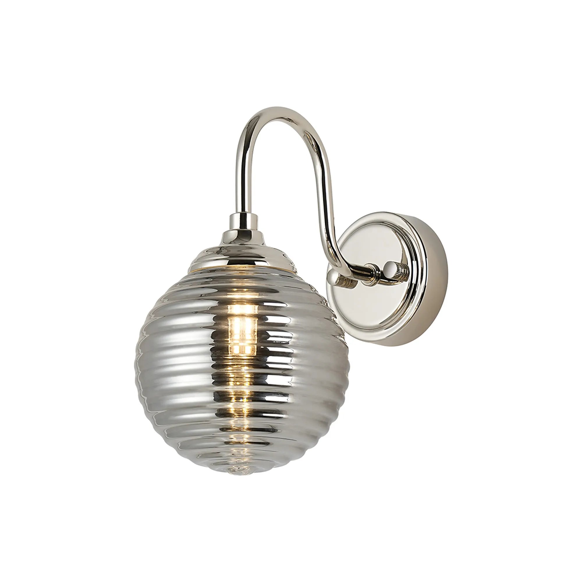 Dene Curved Arm Wall Light - 1 Light - IP44 Polished Nickel & Smoke Ribbed Round Glass