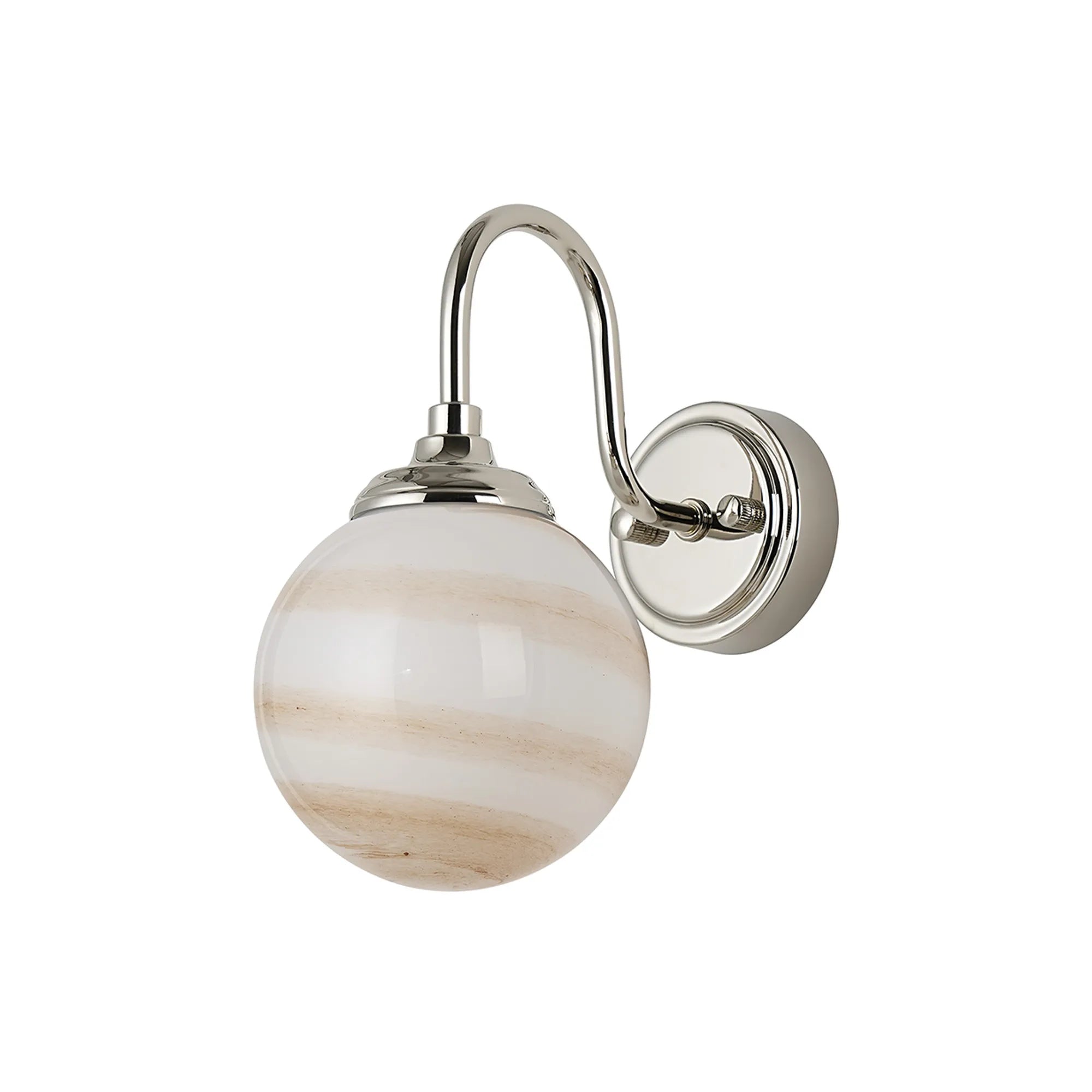 Dene Curved Arm Wall Light - 1 Light - IP44 Polished Nickel & Brown & White Round Marble Effect Glass