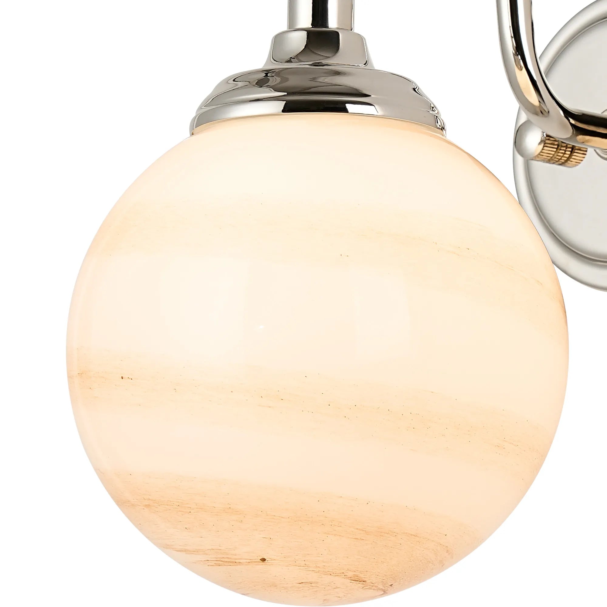 Dene Curved Arm Wall Light - 1 Light - IP44 Polished Nickel & Brown & White Round Marble Effect Glass