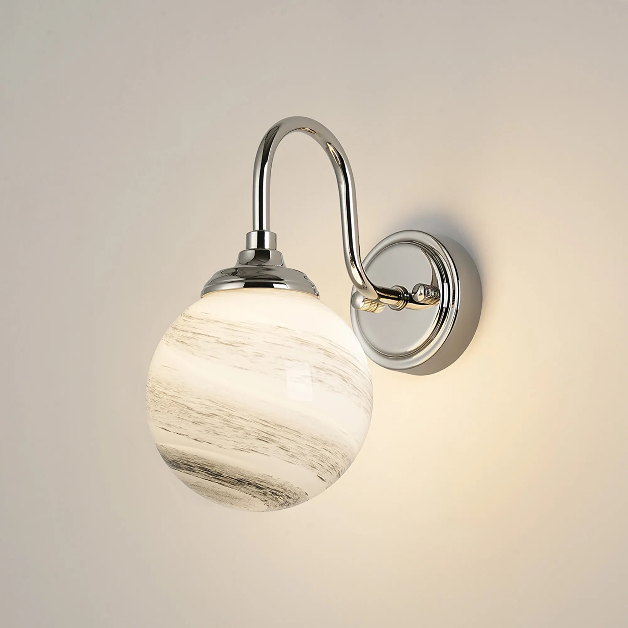 Dene Curved Arm Wall Light - 1 Light - IP44 Polished Nickel & Grey & White Round Marble Effect Glass