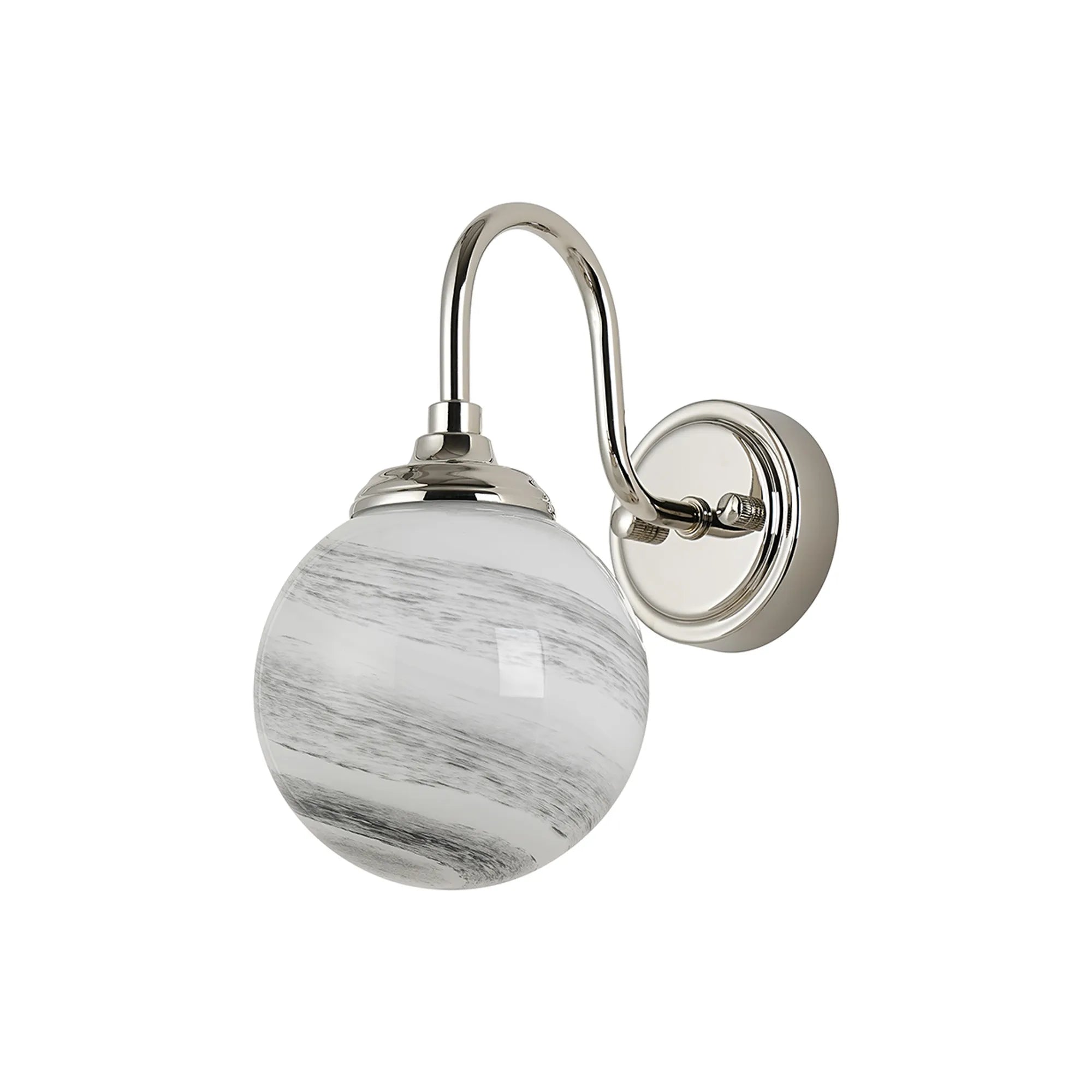 Dene Curved Arm Wall Light - 1 Light - IP44 Polished Nickel & Grey & White Round Marble Effect Glass