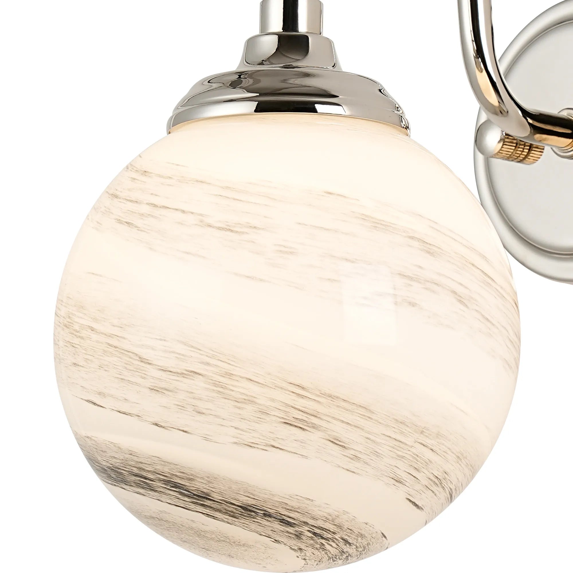 Dene Curved Arm Wall Light - 1 Light - IP44 Polished Nickel & Grey & White Round Marble Effect Glass