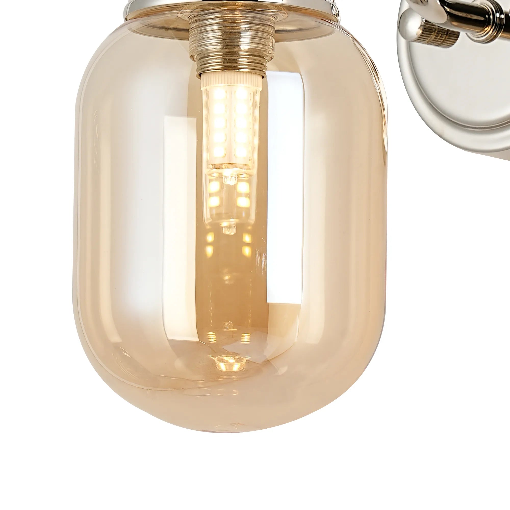 Dene Curved Arm Wall Light - 1 Light - IP44 Polished Nickel & Amber Smooth Tubular Glass