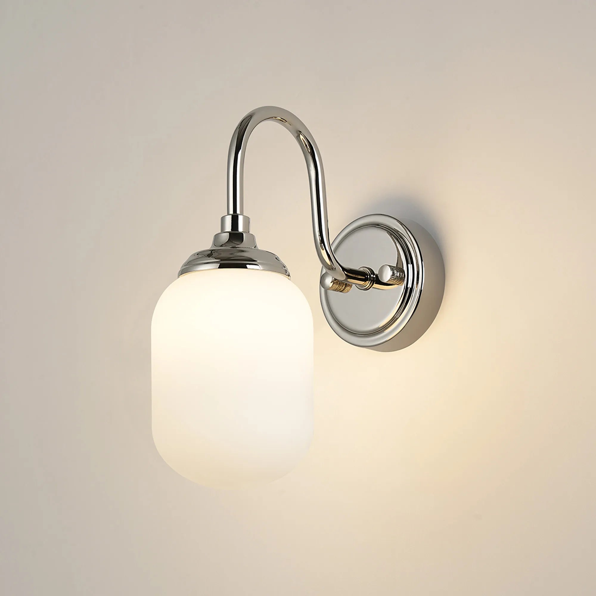 Dene Curved Arm Wall Light - 1 Light - IP44 Polished Nickel & Opal Smooth Tubular Glass