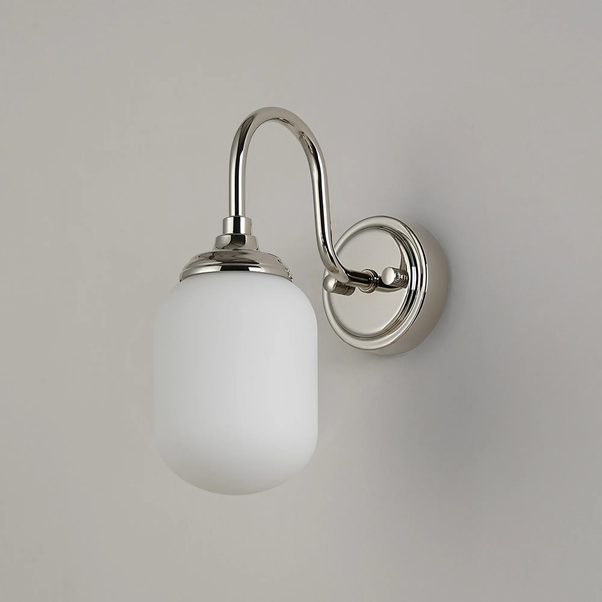 Dene Curved Arm Wall Light - 1 Light - IP44 Polished Nickel & Opal Smooth Tubular Glass