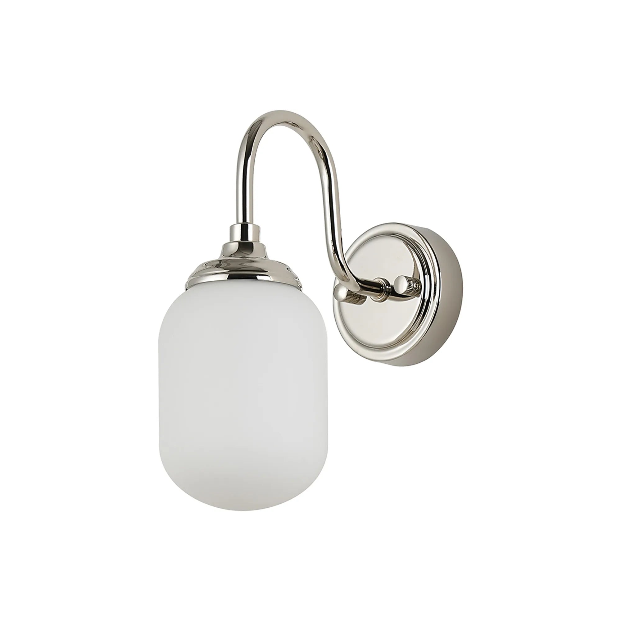 Dene Curved Arm Wall Light - 1 Light - IP44 Polished Nickel & Opal Smooth Tubular Glass