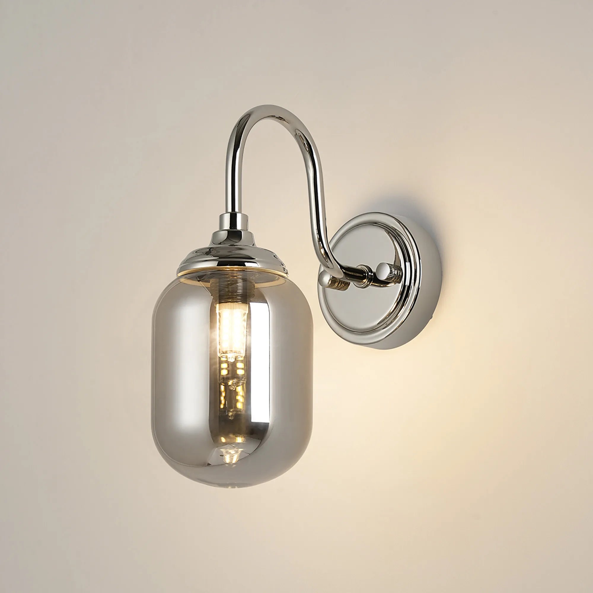 Dene Curved Arm Wall Light - 1 Light - IP44 Polished Nickel & Smoke Smooth Tubular Glass