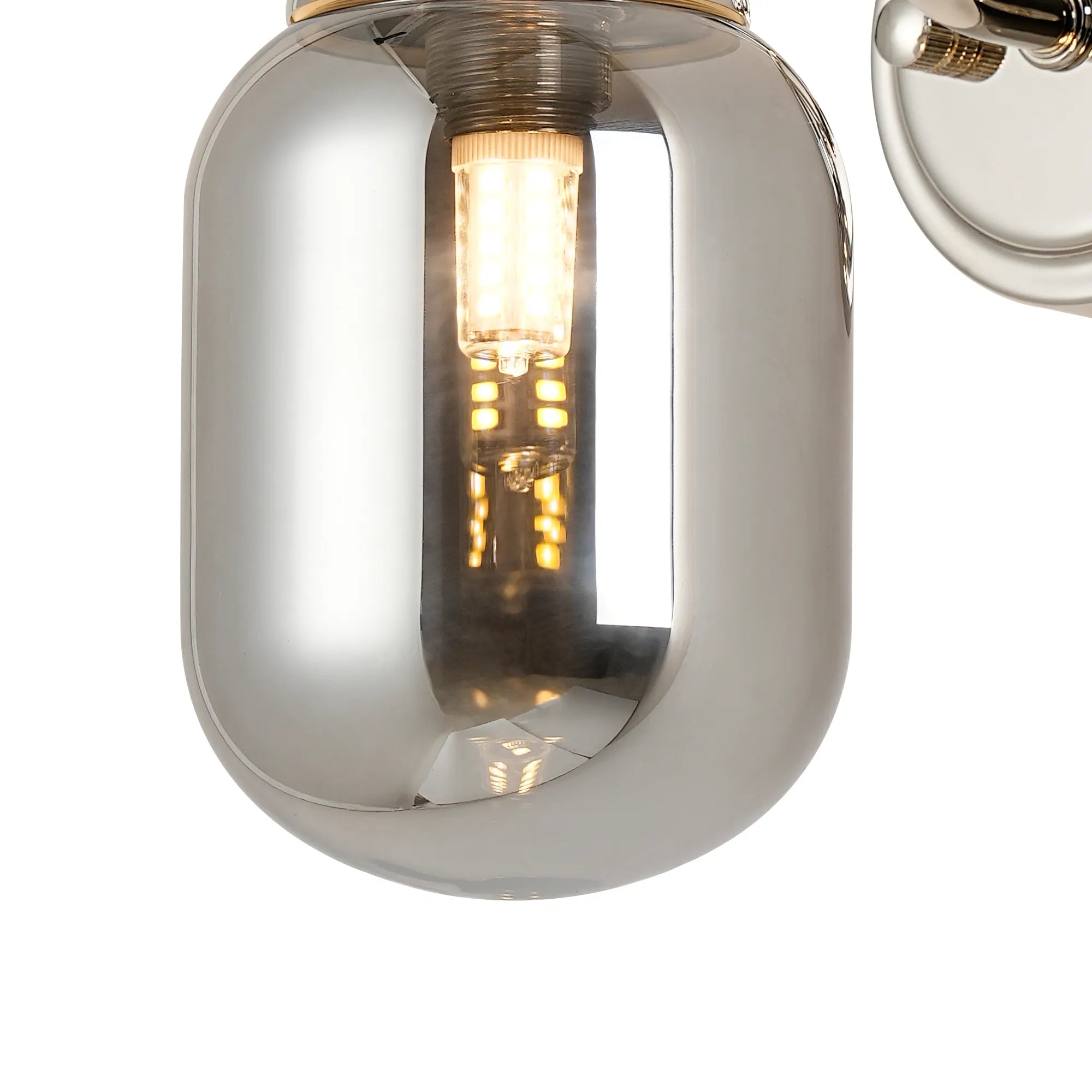 Dene Curved Arm Wall Light - 1 Light - IP44 Polished Nickel & Smoke Smooth Tubular Glass