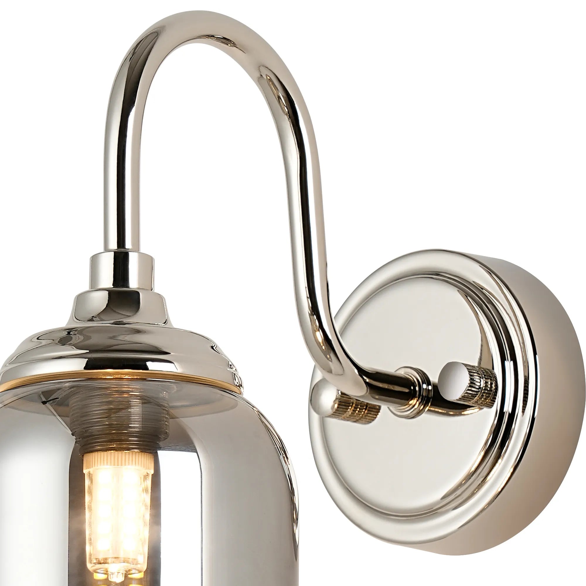 Dene Curved Arm Wall Light - 1 Light - IP44 Polished Nickel & Smoke Smooth Tubular Glass
