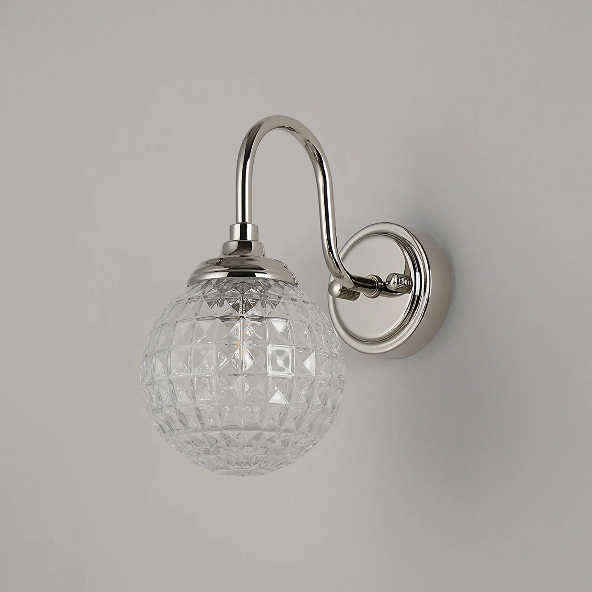 Dene Curved Arm Wall Light - 1 Light - IP44 Polished Nickel & Clear Cross Pattern Round Glass