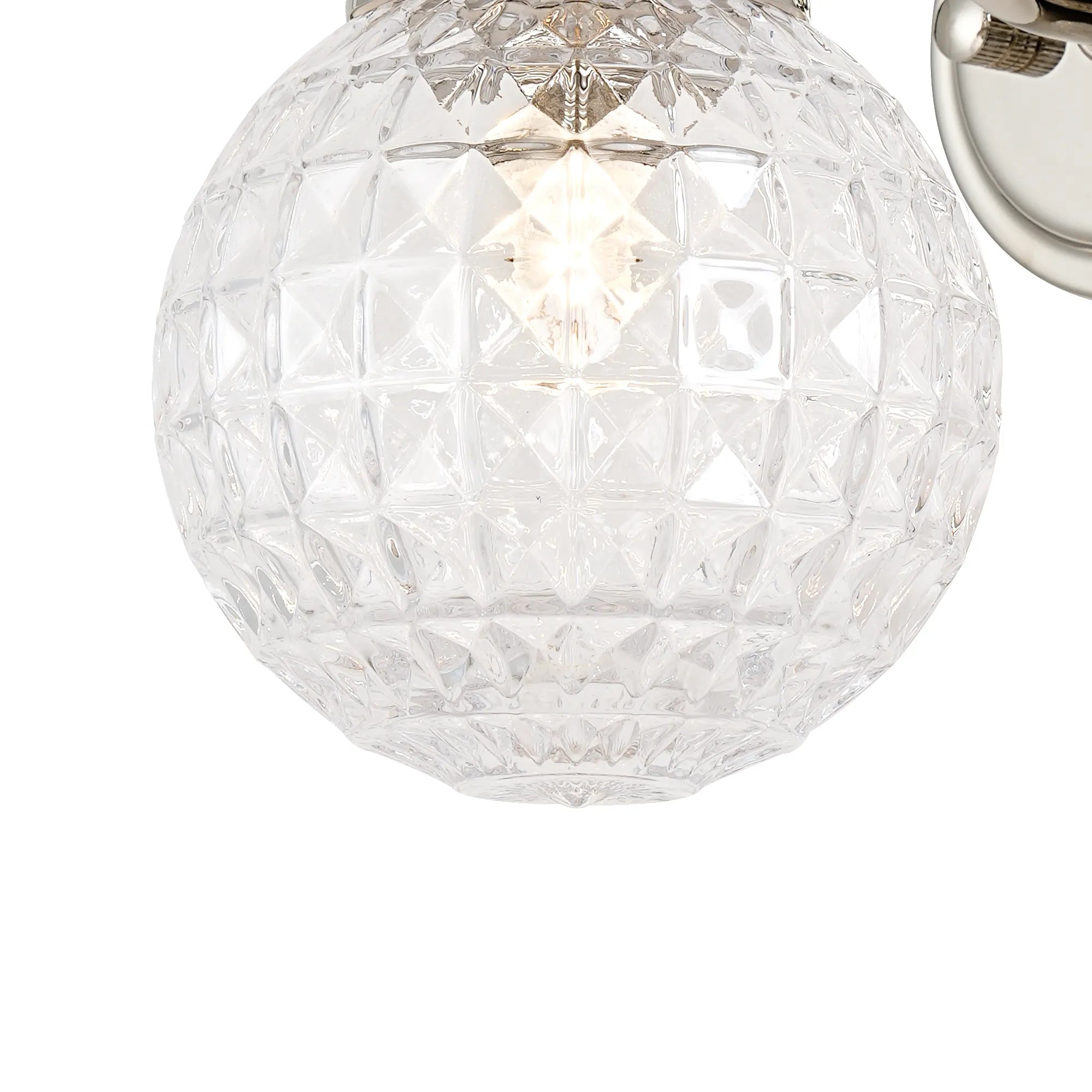 Dene Curved Arm Wall Light - 1 Light - IP44 Polished Nickel & Clear Cross Pattern Round Glass