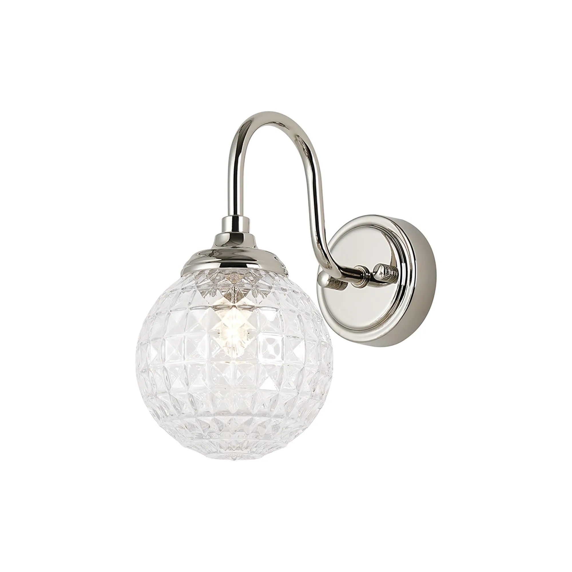 Dene Curved Arm Wall Light - 1 Light - IP44 Polished Nickel & Clear Cross Pattern Round Glass