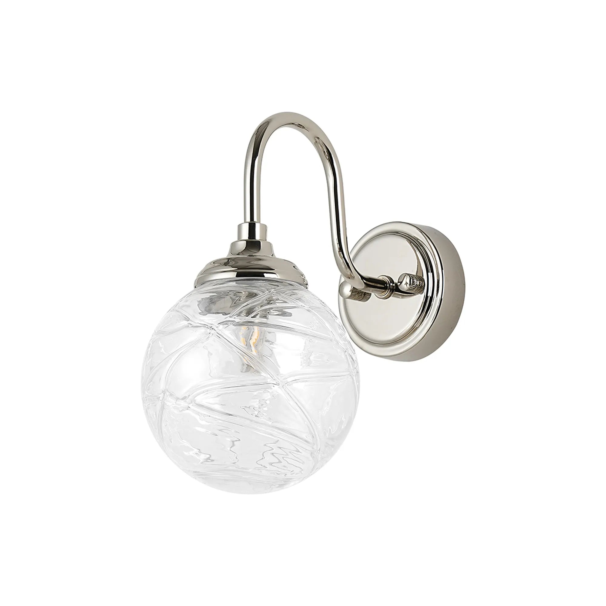 Dene Curved Arm Wall Light - 1 Light - IP44 Polished Nickel & Clear Dune Effect Round Glass