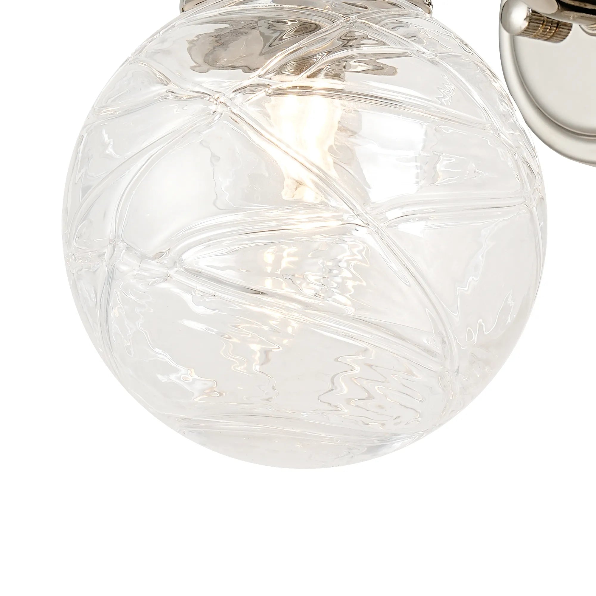 Dene Curved Arm Wall Light - 1 Light - IP44 Polished Nickel & Clear Dune Effect Round Glass