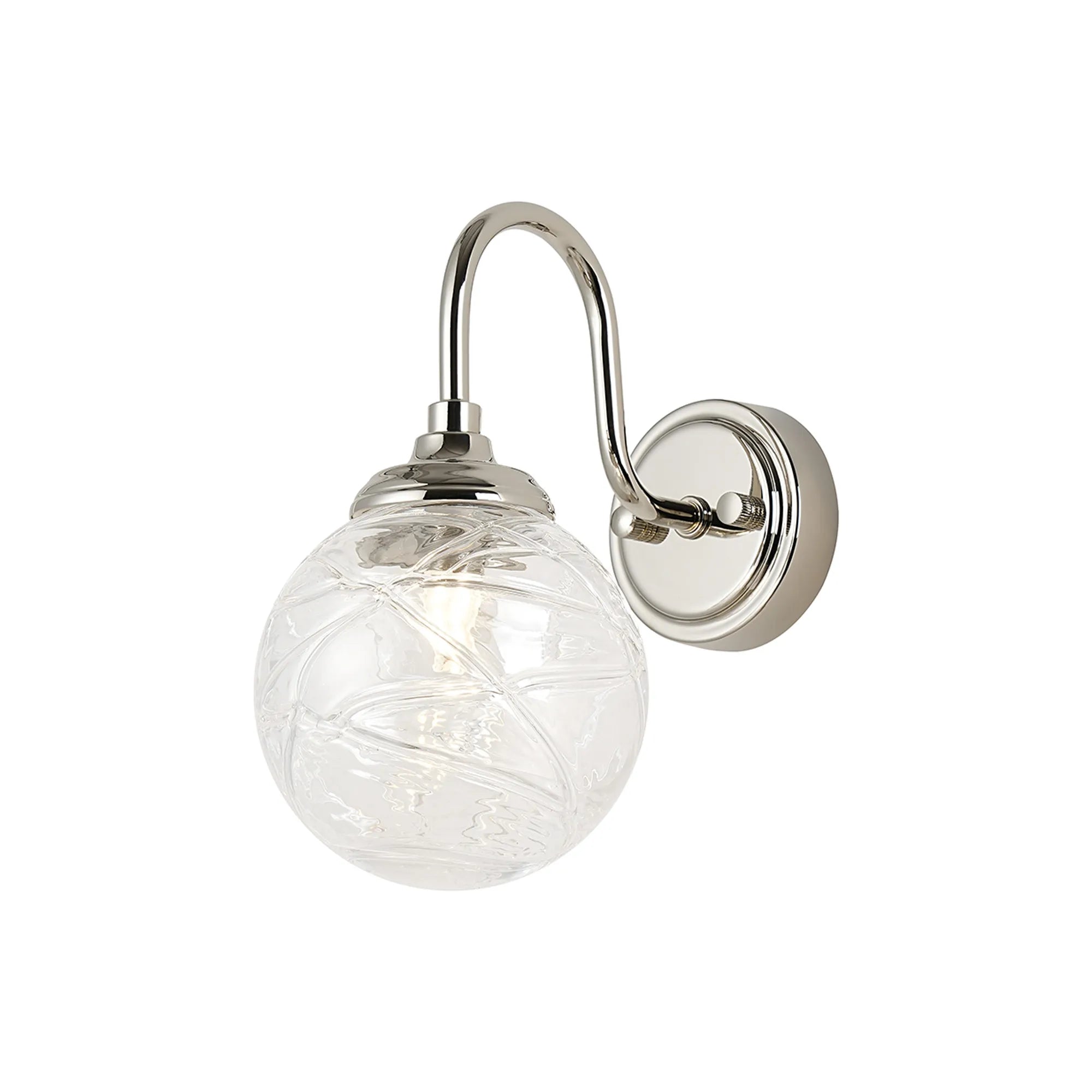 Dene Curved Arm Wall Light - 1 Light - IP44 Polished Nickel & Clear Dune Effect Round Glass
