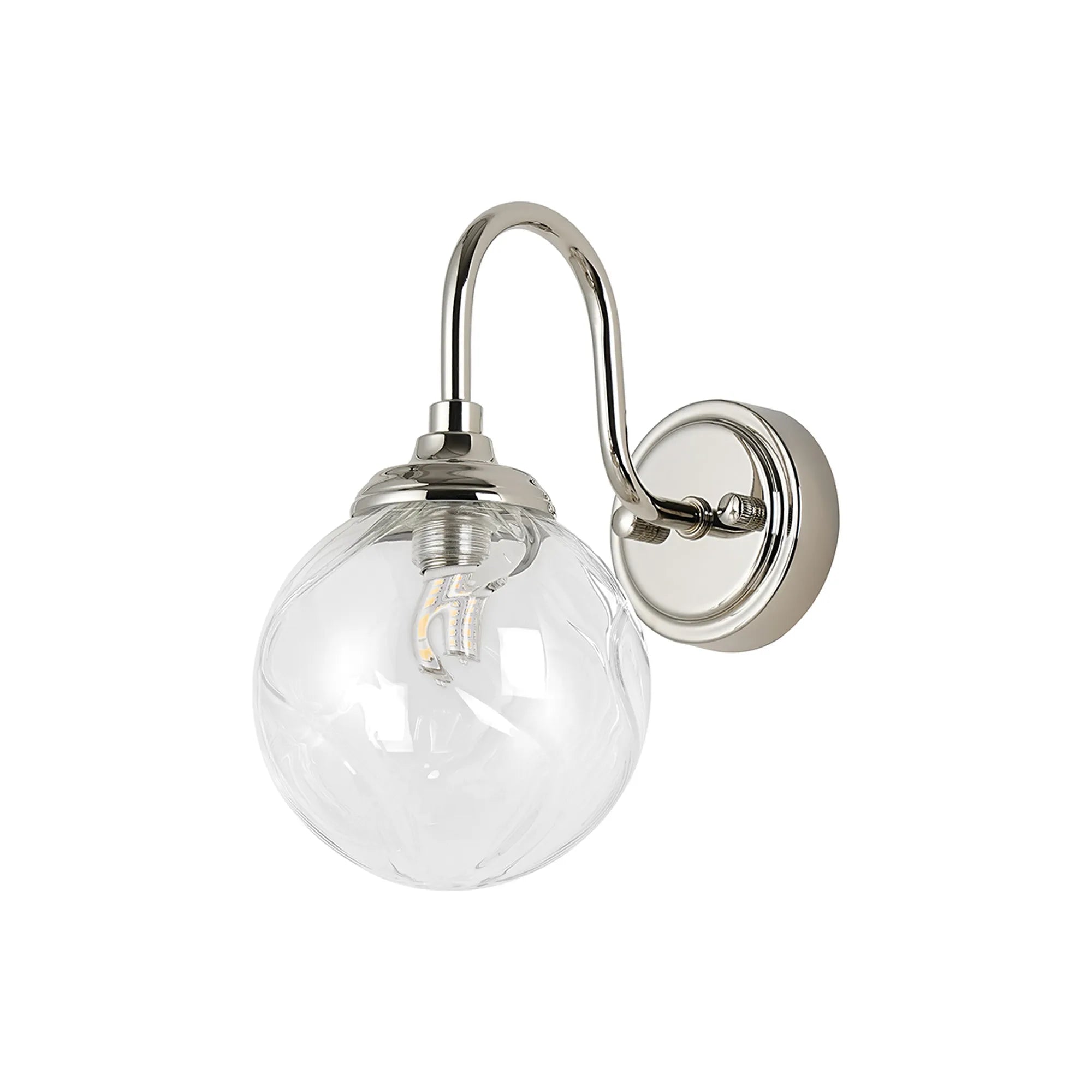 Dene Curved Arm Wall Light - 1 Light - IP44 Polished Nickel & Clear Waved Round Glass