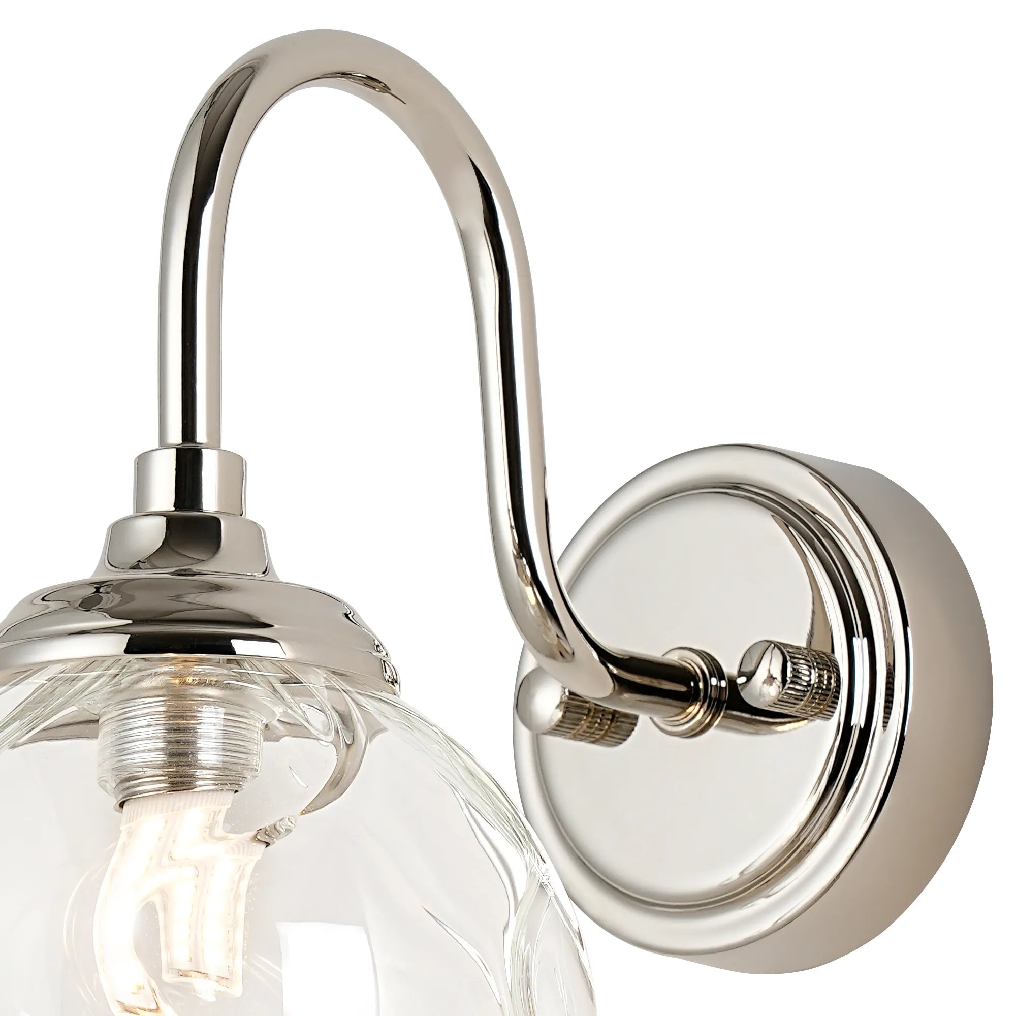 Dene Curved Arm Wall Light - 1 Light - IP44 Polished Nickel & Clear Waved Round Glass