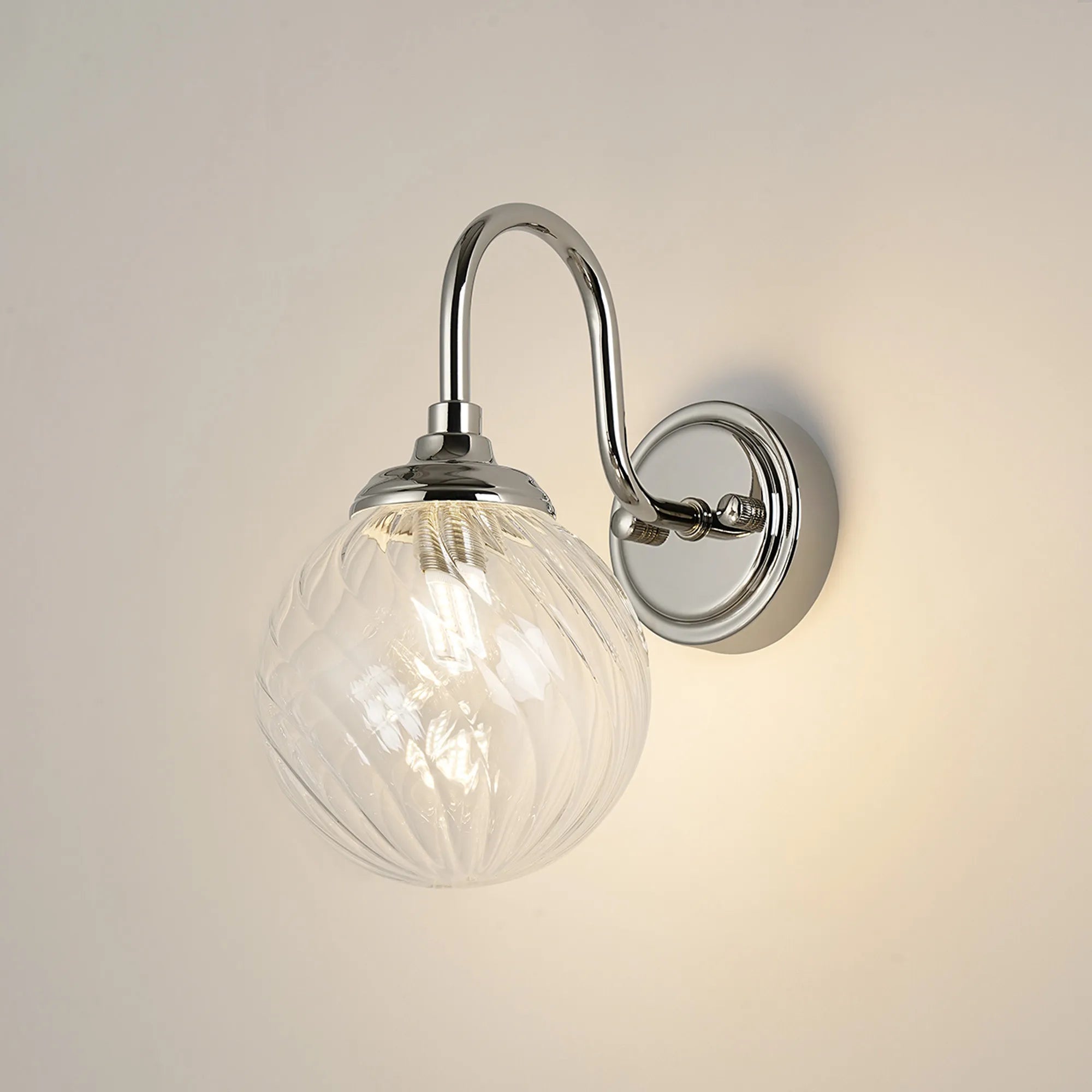 Dene Curved Arm Wall Light - 1 Light - IP44 Polished Nickel & Clear Swirl Round Glass