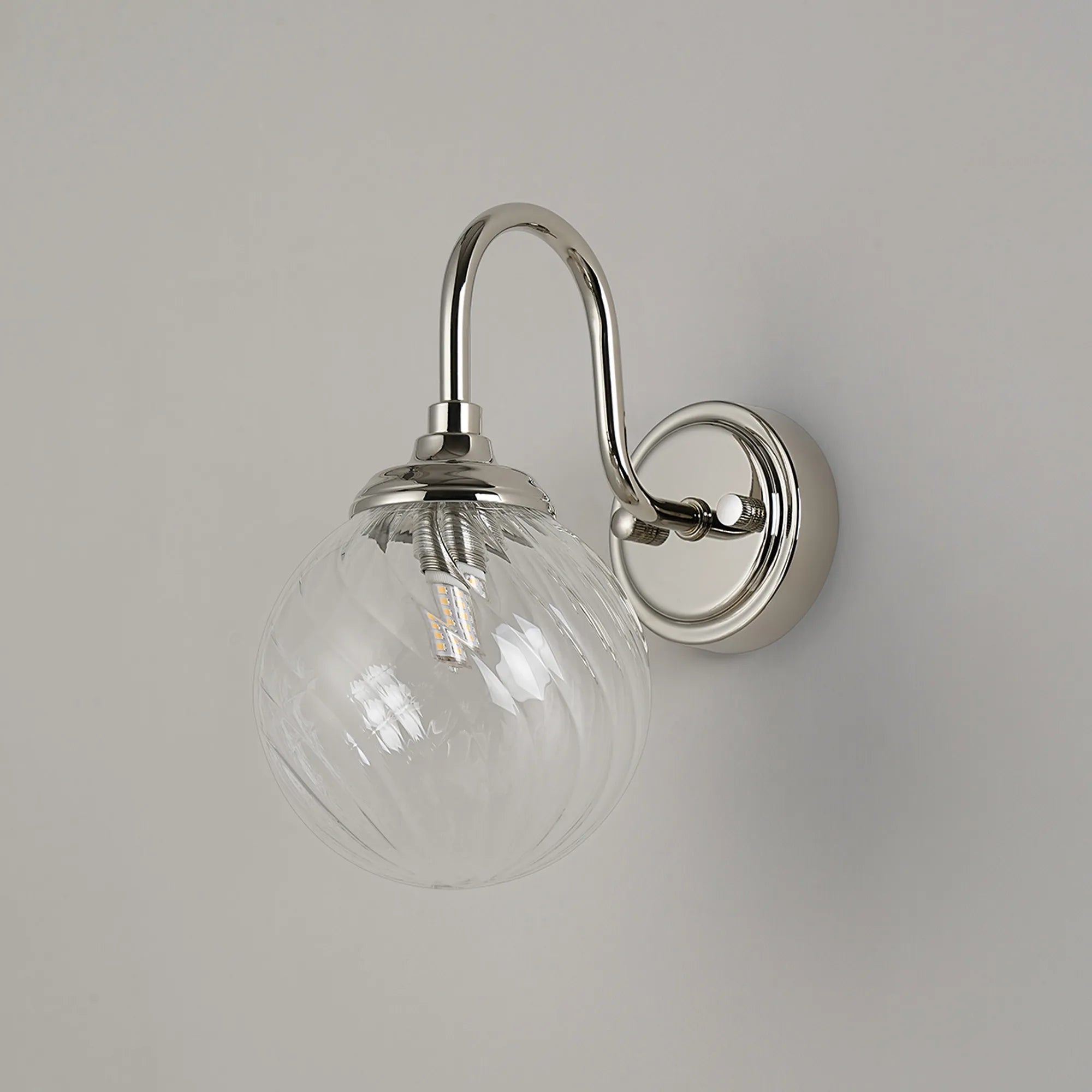 Dene Curved Arm Wall Light - 1 Light - IP44 Polished Nickel & Clear Swirl Round Glass