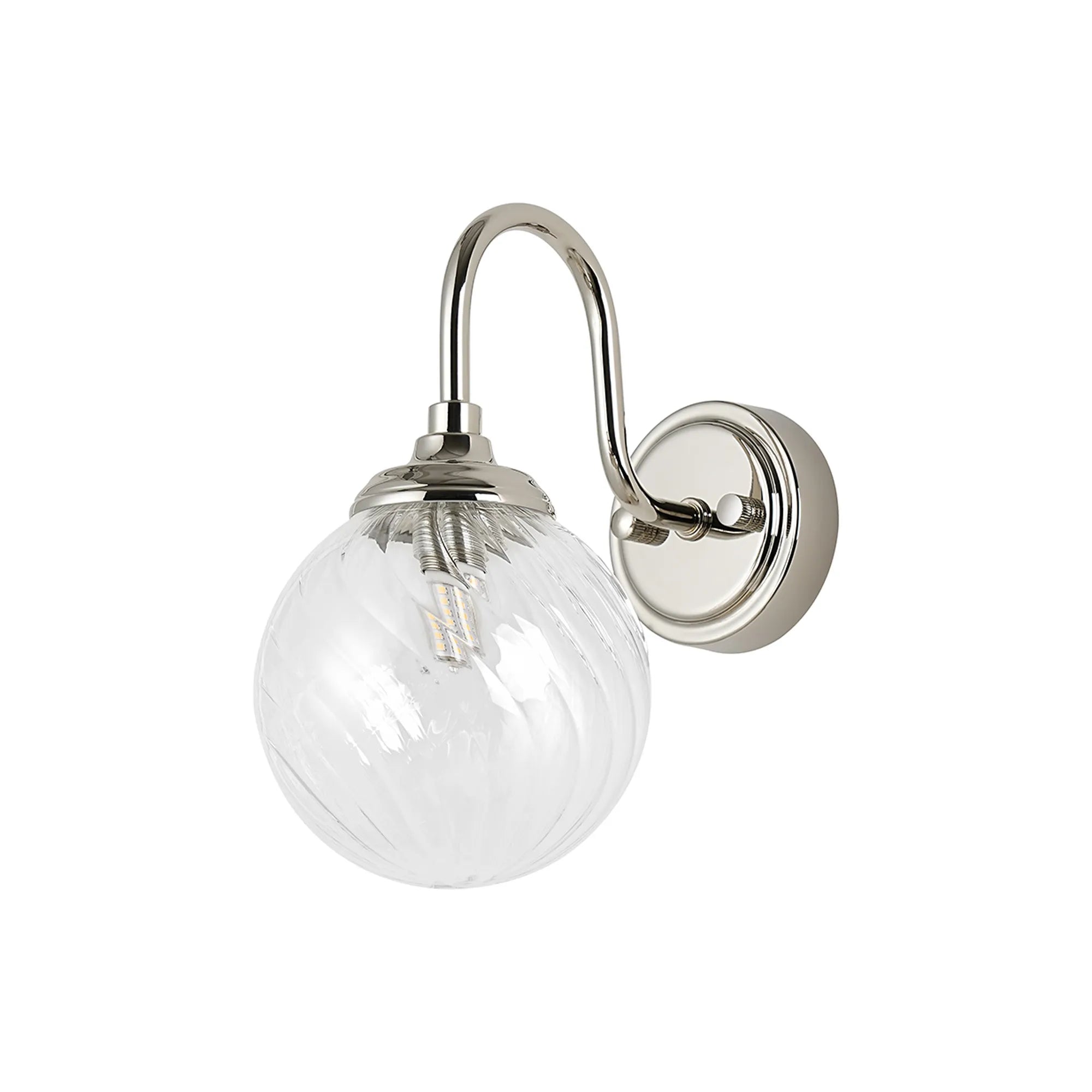 Dene Curved Arm Wall Light - 1 Light - IP44 Polished Nickel & Clear Swirl Round Glass