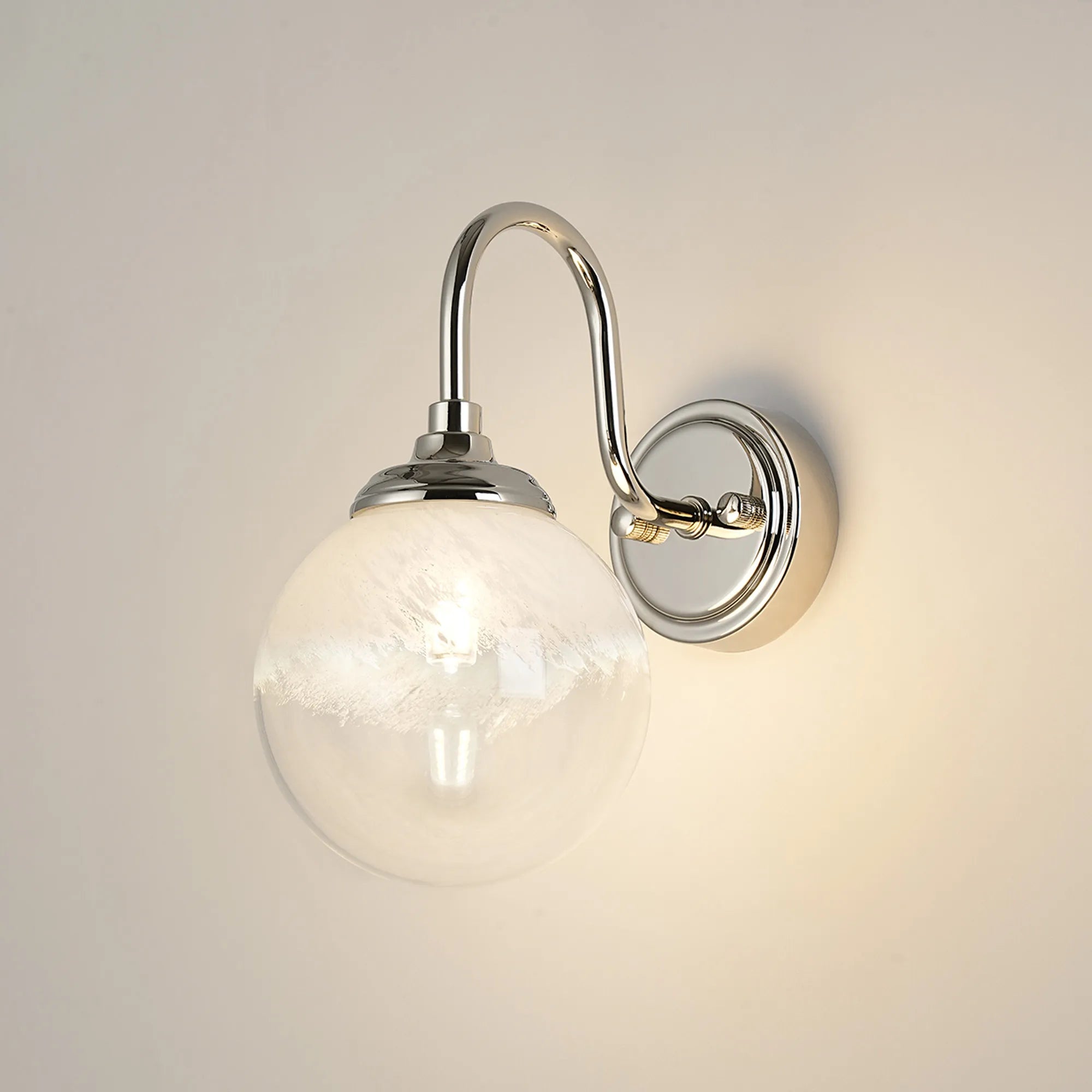 Dene Curved Arm Wall Light - 1 Light - IP44 Polished Nickel & White Two-Tone Snow Specks Round Glass