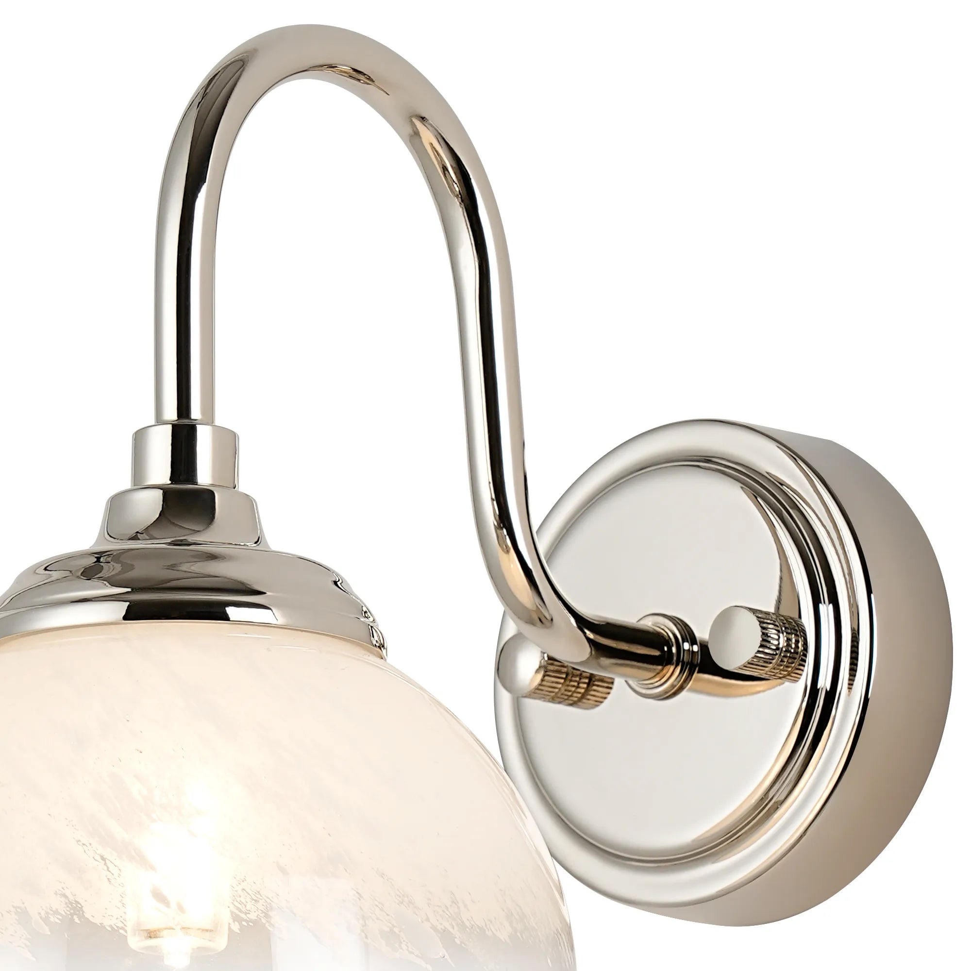 Dene Curved Arm Wall Light - 1 Light - IP44 Polished Nickel & White Two-Tone Snow Specks Round Glass