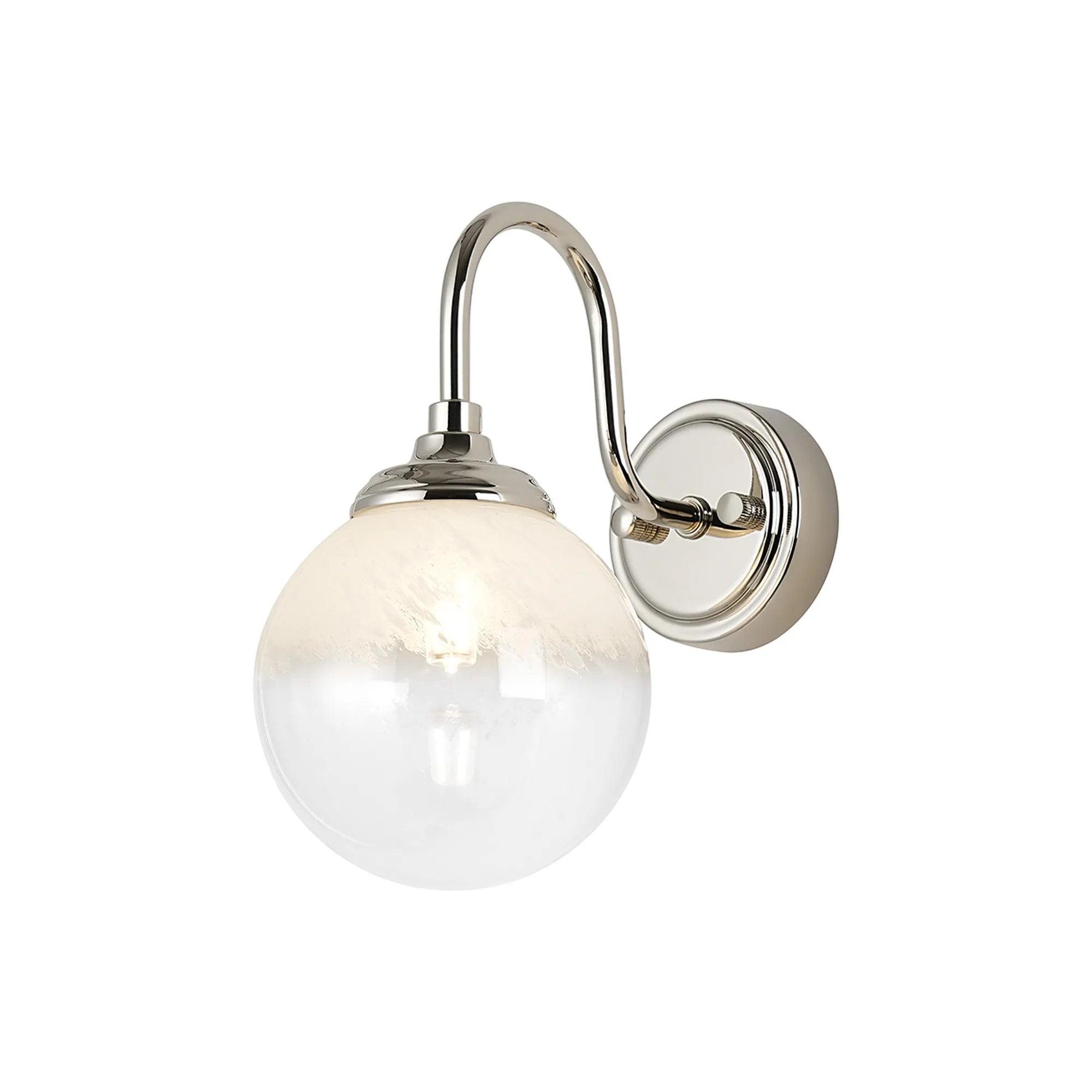 Dene Curved Arm Wall Light - 1 Light - IP44 Polished Nickel & White Two-Tone Snow Specks Round Glass
